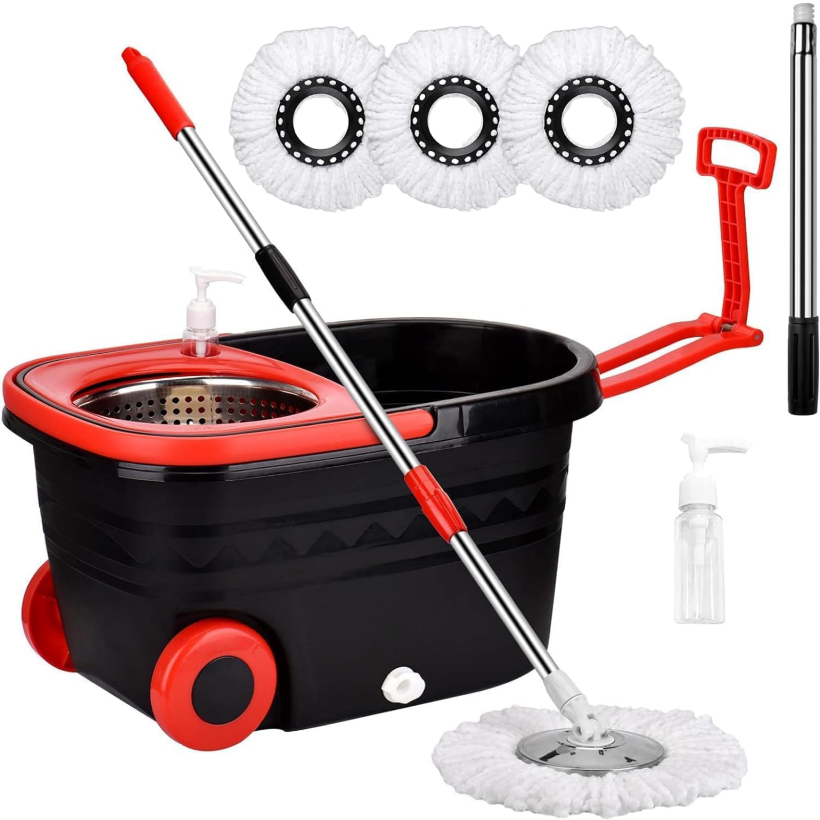 Spin Mop and Bucket with Wringer Set On Wheels, 360° Spinning Mop Bucket System with 3 Microfiber Replacement Heads, 61" Stainless Steel Extended Handle for Floor Cleaning Black/Red (25QT) (Big Black)