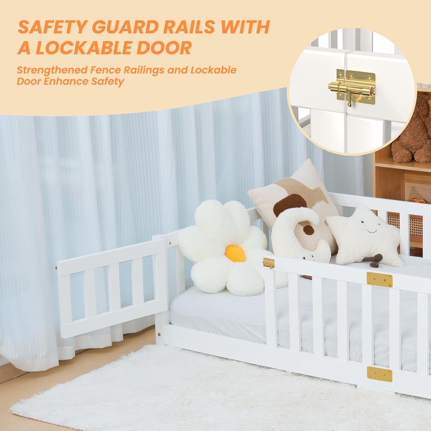 NAIZEA Twin Floor Bed for Kids-Twin Montessori Bed Frame with Wood Slats and Door and Slats, Wood Toddler Floor Beds for Girls and Boys