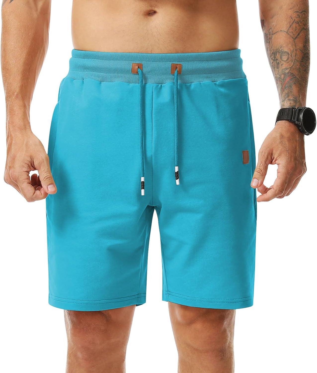 Surenow Men's Jogger Shorts Athletic Workout Shorts Drawstring Casual Lightweight Short for Men with Zipper Pockets Blue/Green