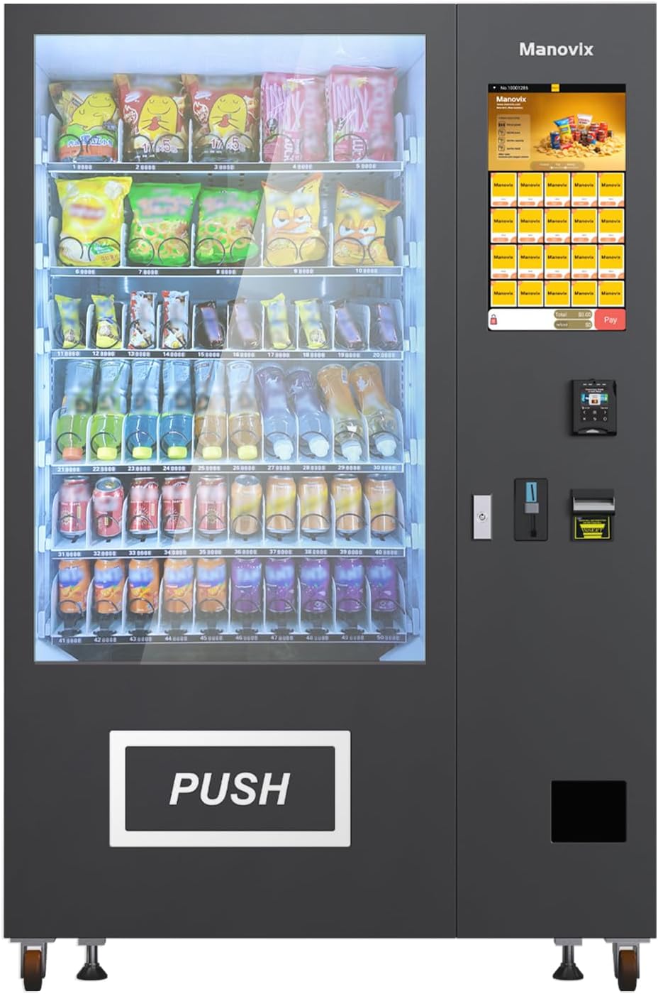 Manovix Snack and Cold Beverages Combo Vending Machine 21 Inch Credit Card Reader and Coin/Bill Acceptor, 60 Slots/Refrigerated with Touch Screen