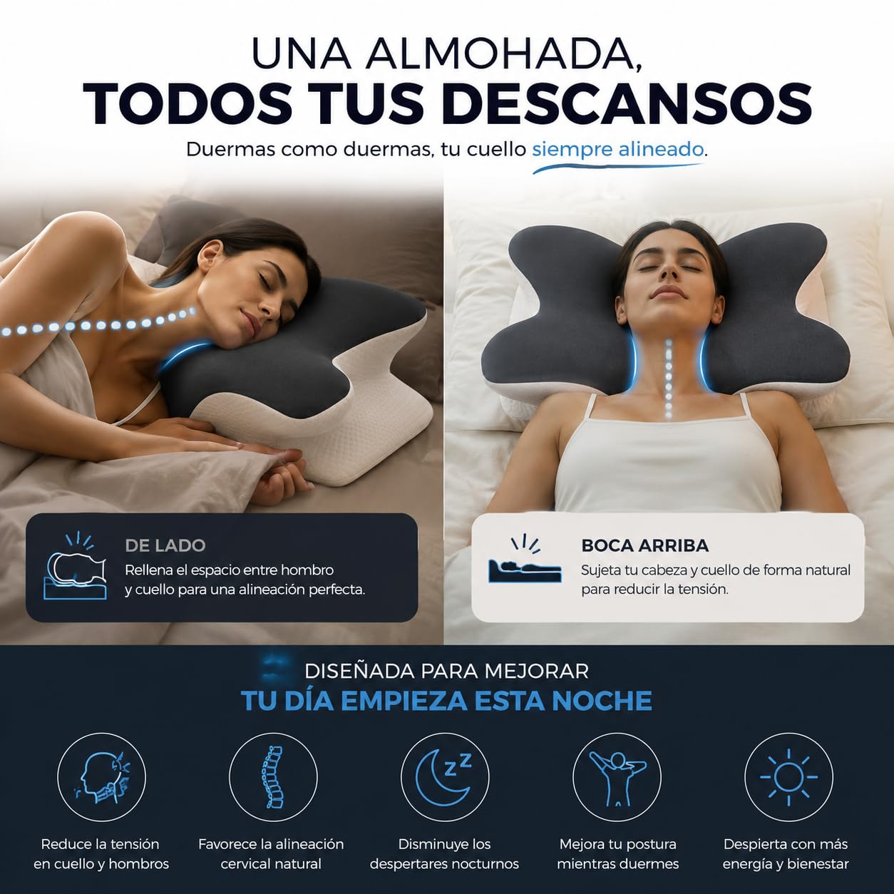 Almohada Cervical y Cuello Viscoelástica Doble Altura - Almohada Ergonómica para Dormir de Lado y Boca Arriba con Hueco para Brazos - Funda Refrescante + Recambio Lavable, Reversible