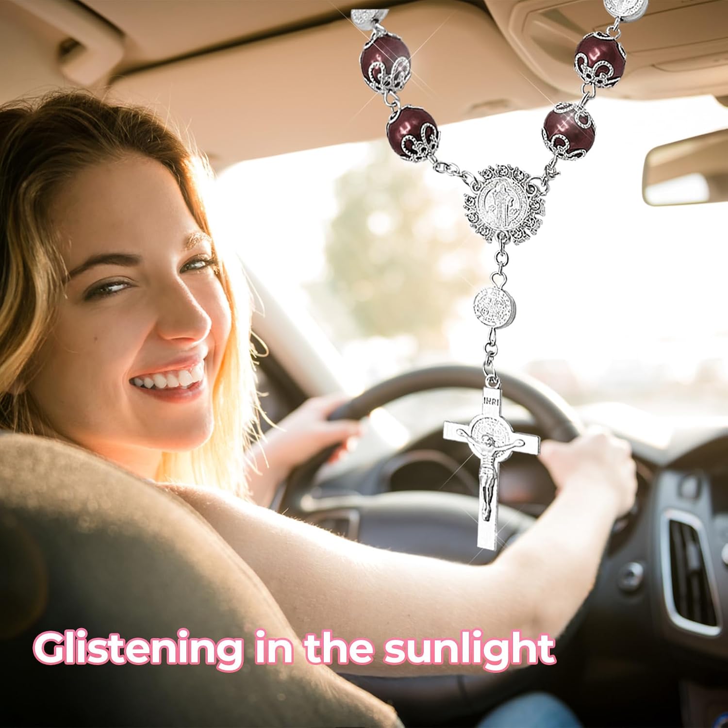 Car Rosary for Rearview Mirror, Charming Cross Rear View Mirror Ornament Religious Medal Pendant, Personalized Beads Hanging Charm Blessing Interior Decoration for Women Men (Coffee) image 5