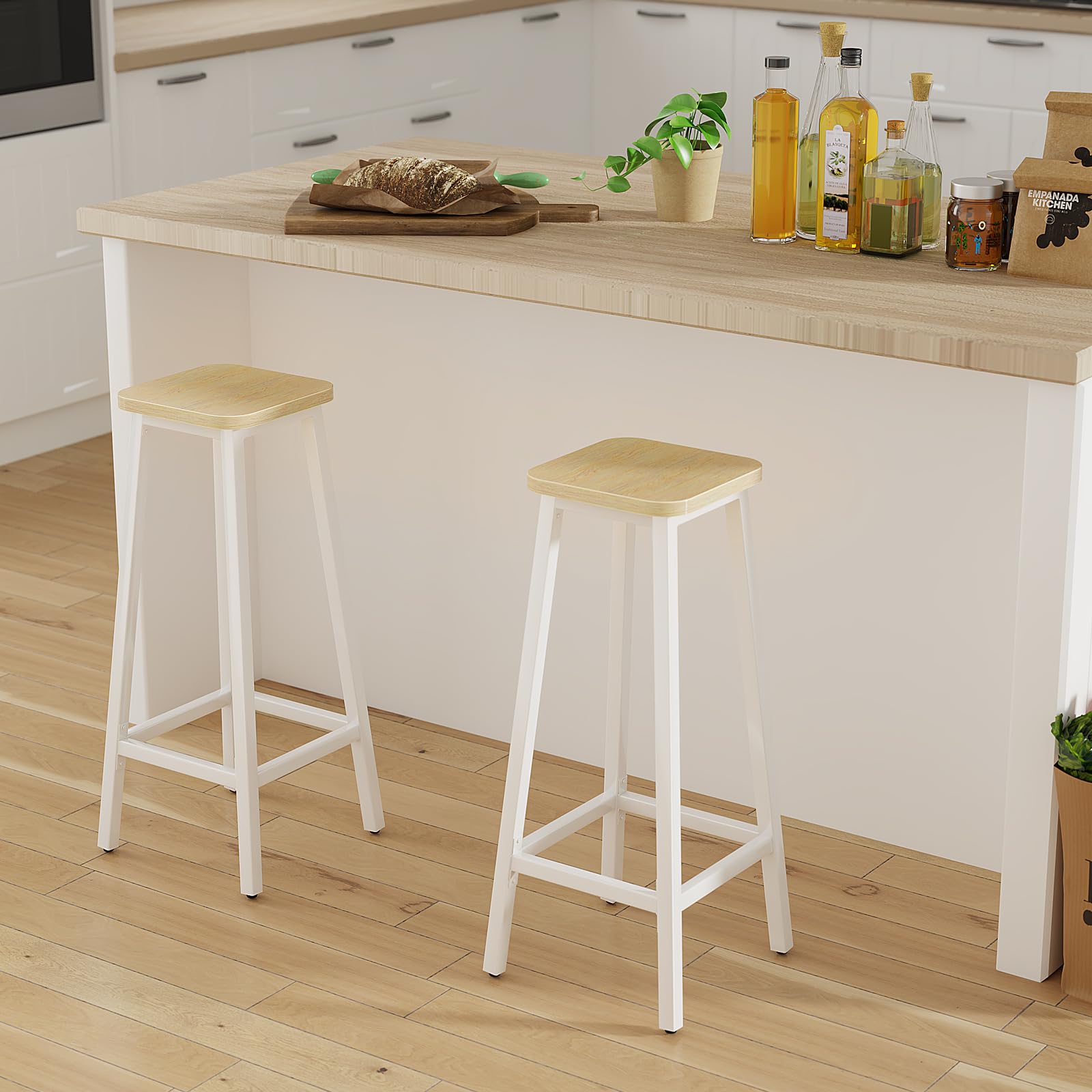 YMYNY Barkrukken vierkante basis set van 2, hoge ontbijt barkrukken met voetsteun voor keuken, industriële stijl, voor eetkamer, feestkamer, 29,5 x 29,5 x 70 cm, natuurlijk en wit HBS511R