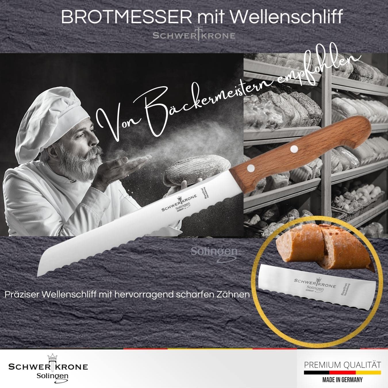 Schwertkrone® Coltello da pane Manico in legno Lama seghettata [PRODOTTO A SOLINGEN - GERMANIA] - Coltello da pane - con lama seghettata e manico in legno di faggio (lama: 20 cm)