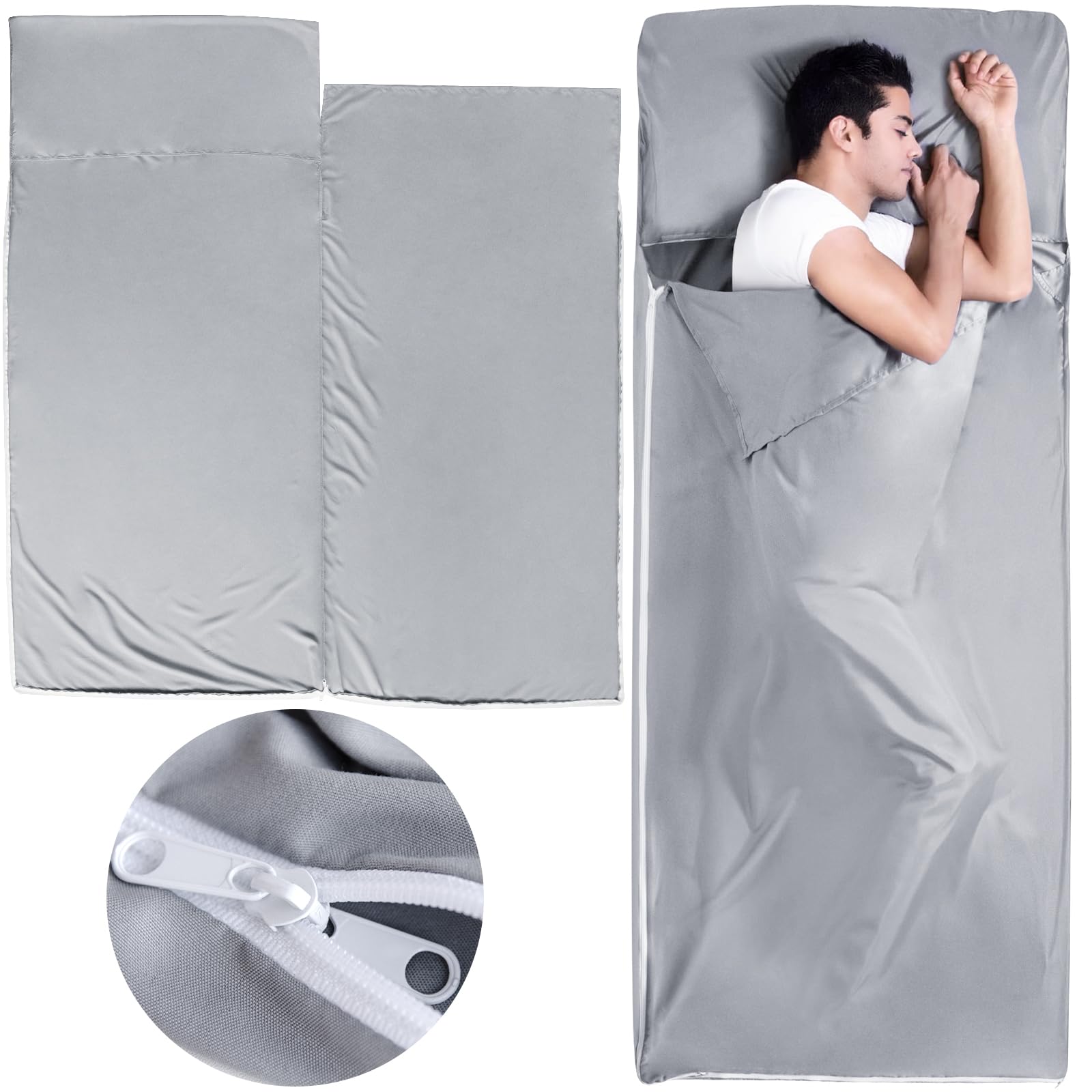 Sleeping Bag Liners with 2 Way Zipper, Adult Sleep Sack Travel Sheets for Hotel/Hostels/Business Trips, Lightweight Single Camping Sheet Sleep Bag Liner Warm & Cold Weather, Light Gray
