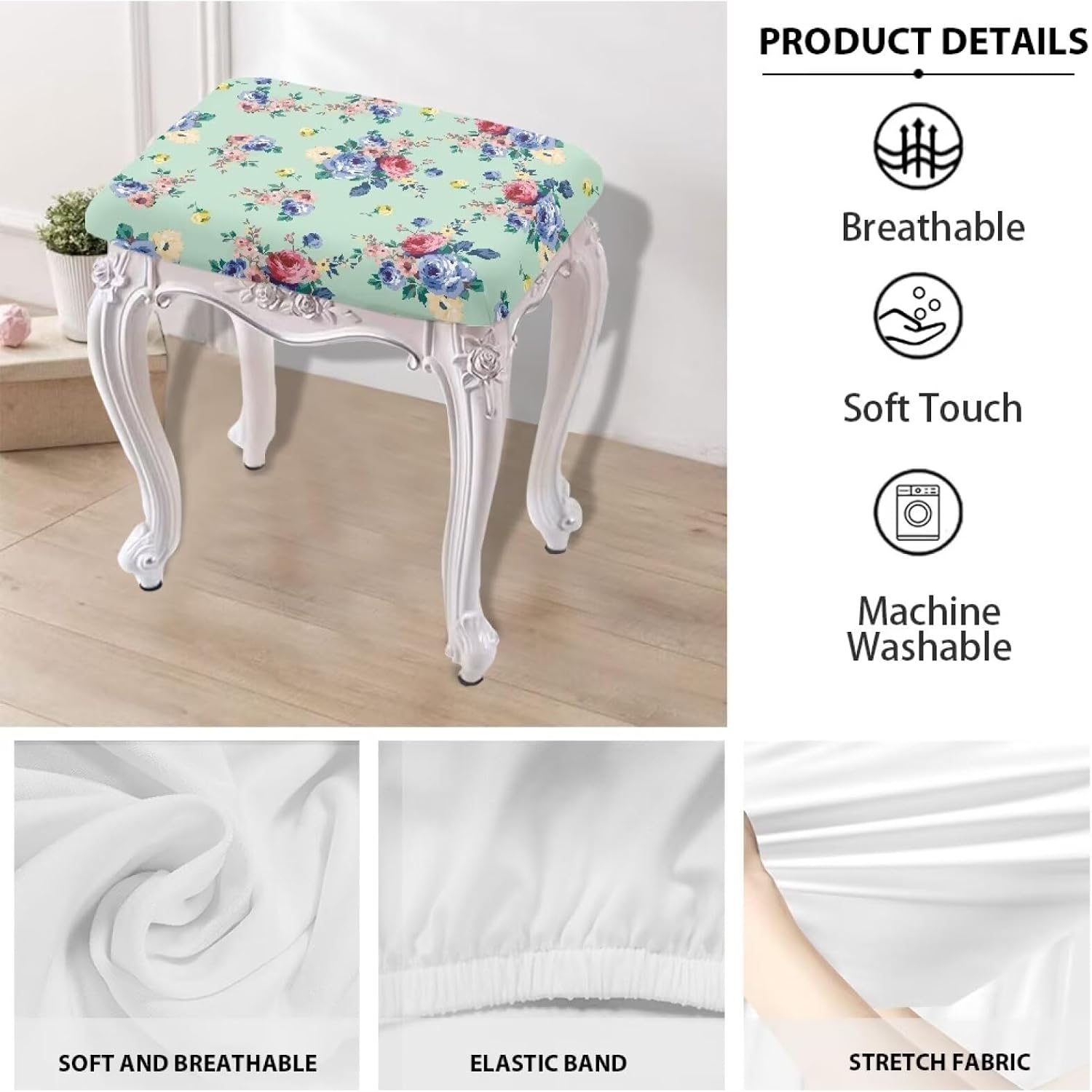 Rose Stool Cover Rectangle Counter Stool Chair Covers Washable Bar Stool Covers Set of 4 Saddle Seat Cover with Nonslip Elastic Bottom for Kitchen Pub Dining Room Cafe Furniture