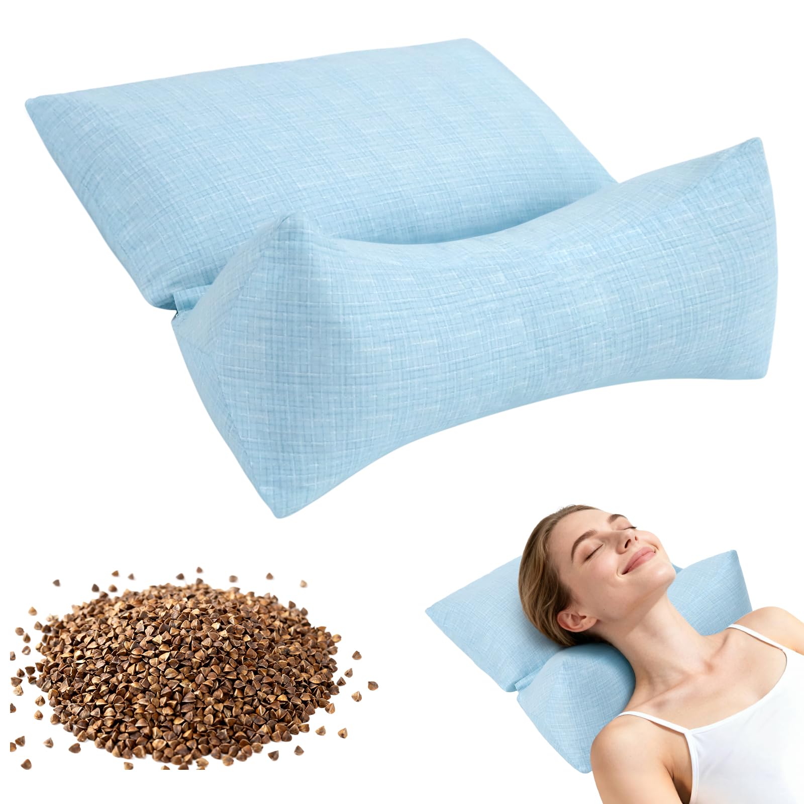 vocheer 3-in-1 Detachable Buckwheat Hull Pillow, Adjustable Neck Pillows for Pain Relief, Ergonomic Cervical Support Pillow, Multifunctional Pillows for Back And Side Sleeper in Bed Or at Office, Blue
