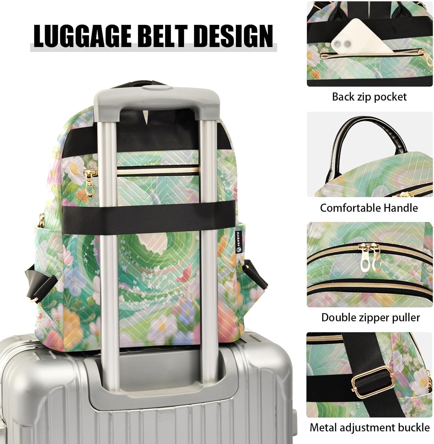Quilted Backpack for Women Enchanting Butterfly Green Carry-On 14 Inch Laptop Backpack