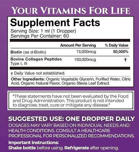 Miniatura 2 de Gotas de biotina líquida y colágeno de máxima potencia, 165,000 mcg, vitaminas para el crecimiento del cabello para mujeres y hombres, apoya un