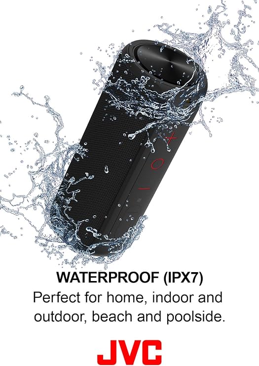 JVC Portable Wireless Speaker with Surrounding Sound, Bluetooth 4.2, Waterproof IPX7, 8-Hour Battery Life - SPSX2BT,Black