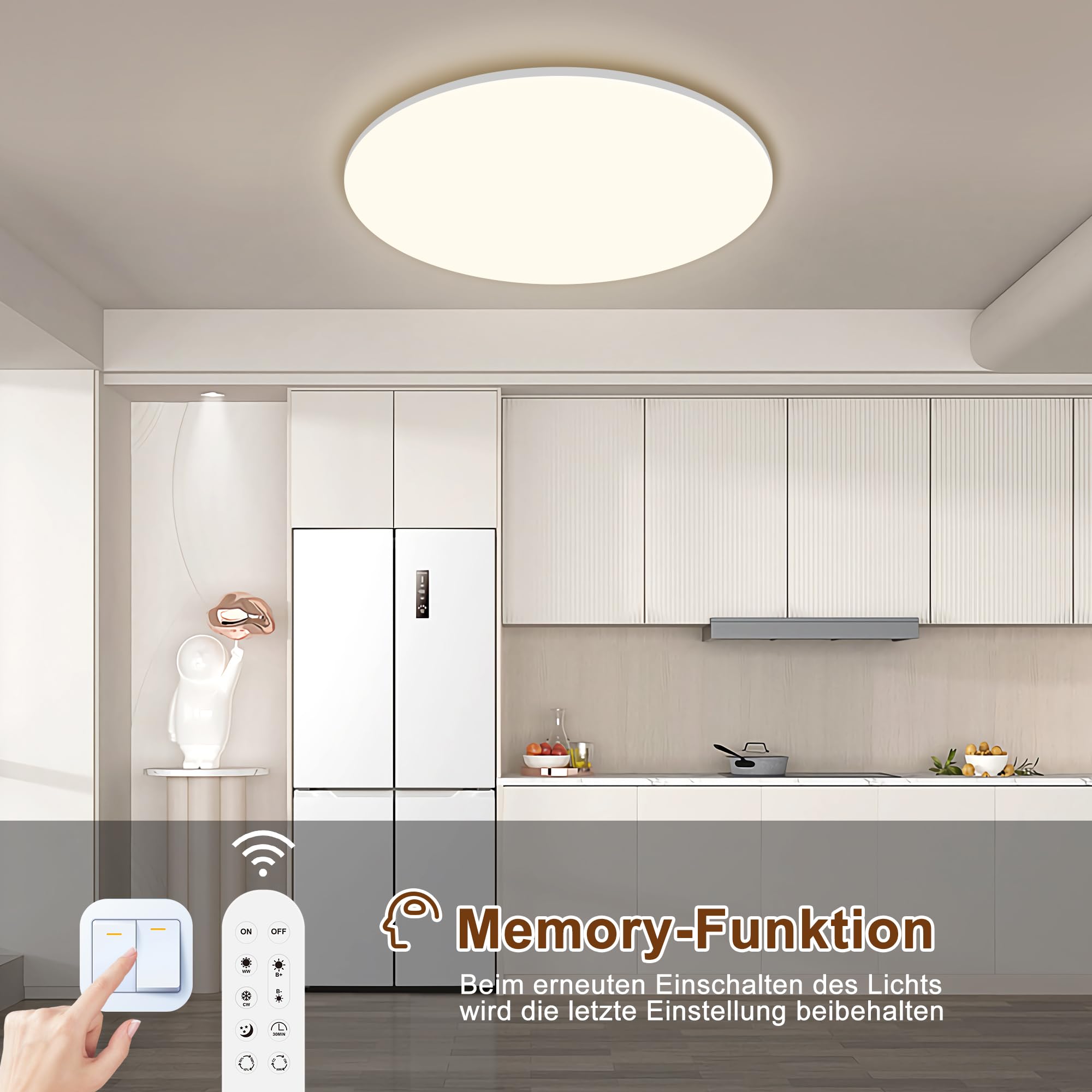 ONDTA LED Deckenleuchte Dimmbar 45W, 2700K-6500K Deckenlampe mit Fernbedienung, IP54 Rund Badezimmer Lampe, 5300LM Memory-funktion LED Panel für Wohnzimmer Schlafzimmer Küche Badezimmer, Ø45cm