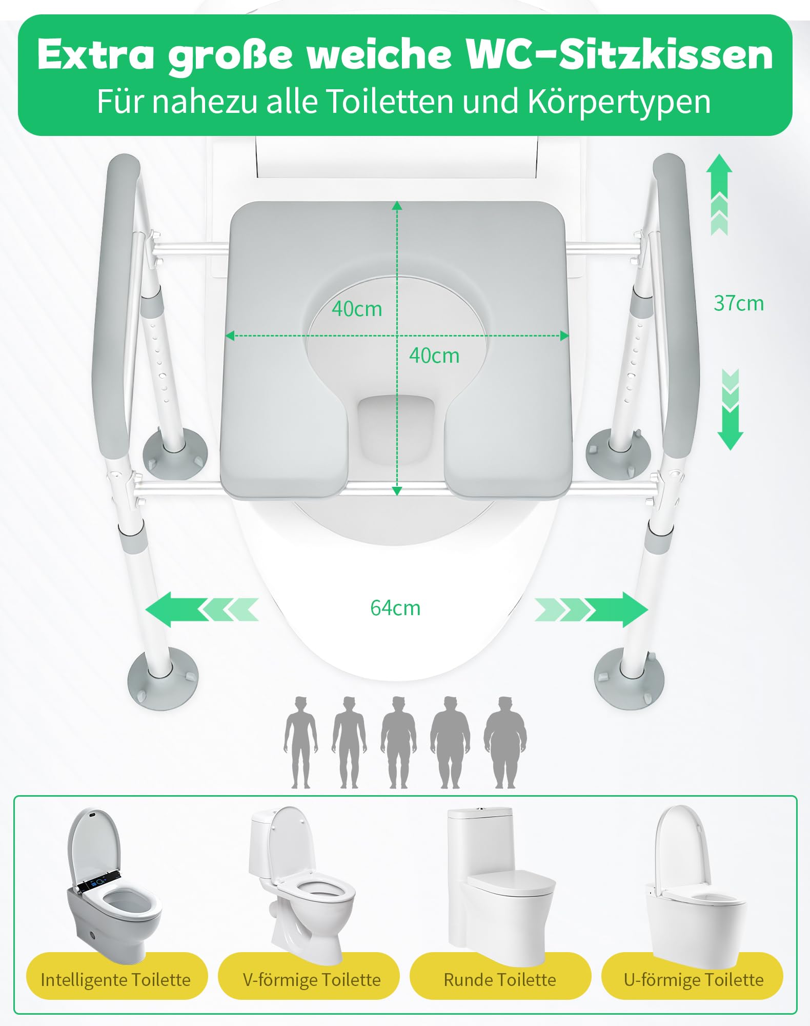 Toilettensitzerhöhung mit Armlehnen 15cm WC Sitzerhöhung Toilettenaufsatz für Senioren Erhöhter Toilettensitz 7 verstellbar Höhe Toilettenerhöhung für Erwachsene Aufstehhilfe Toilette bis zu 150kg