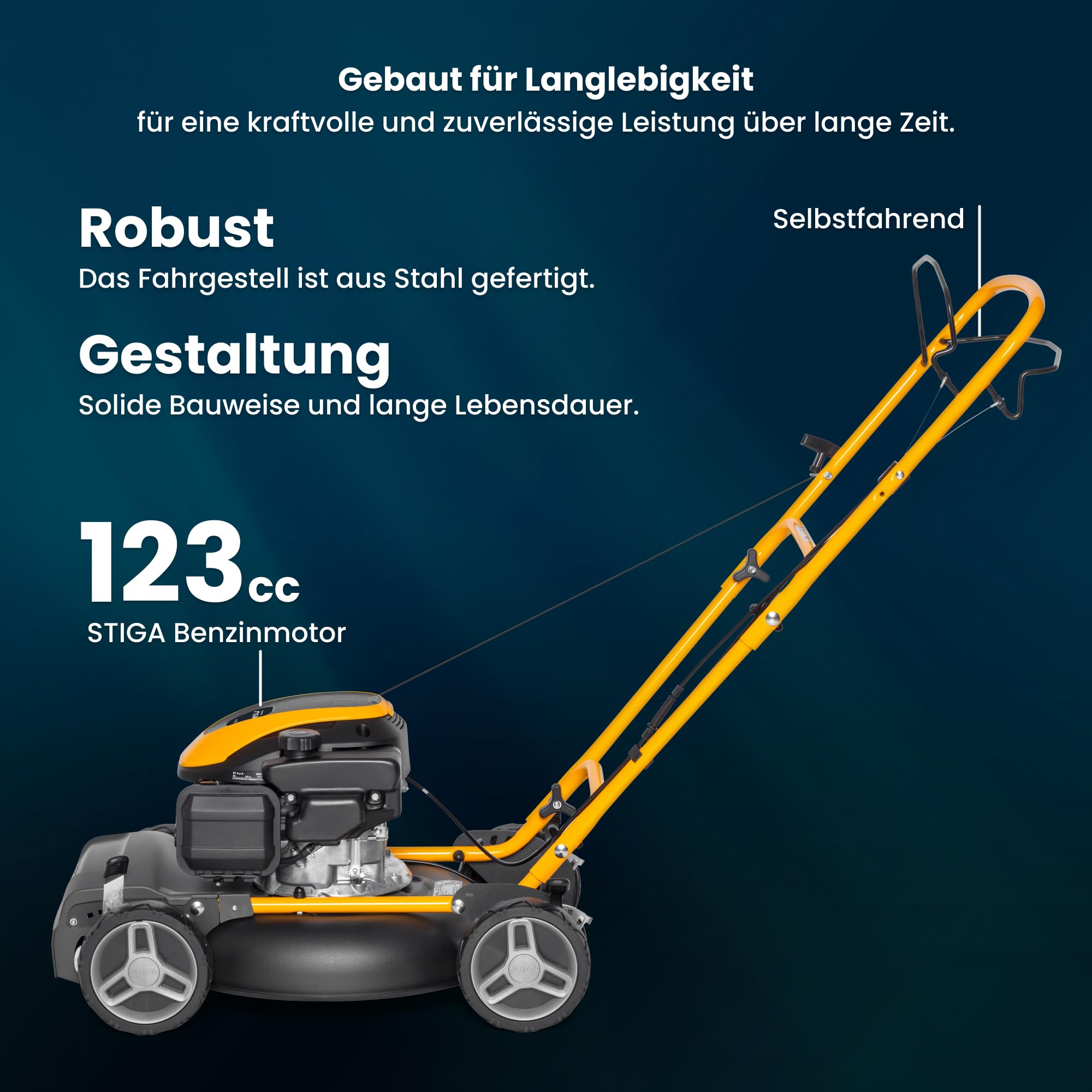 STIGA Multiclip 47 S Benzin-Rasenmäher, selbstfahrender Mulchrasenmäher mit 123 CCM Motor, 45 cm Schneidwerk, 5 Schnitthöhen, ergonomisch klappbarer Handgriff