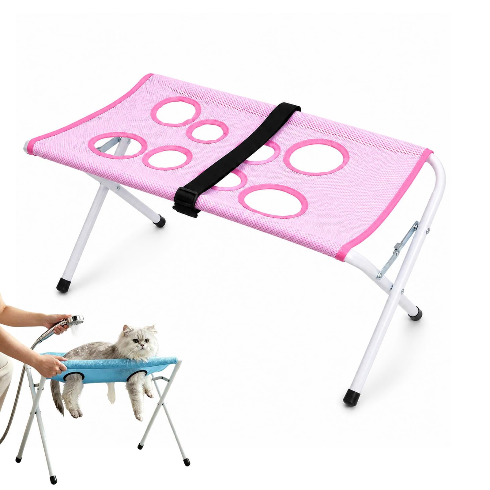 LLELEMAMO Foldable Pet Bathing Stand, Dog Grooming Hammock for Cats and Small Dogs (Pink)