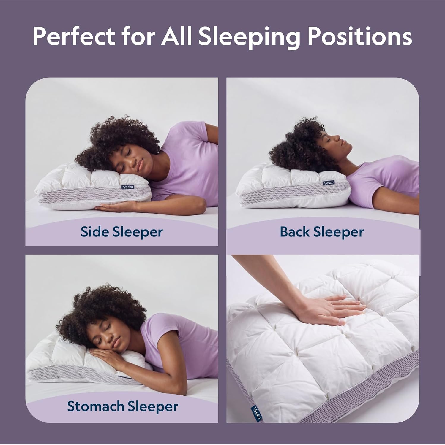 Vesta Hungarian Down Low Loft Pillow, 95% Goose Down Core, Baffle Boxe Design for Optimal Fluffiness, Ideal for Back & Stomach Sleepers, Low to Medium Profile (3.5" Height) & Soft - PlumZen