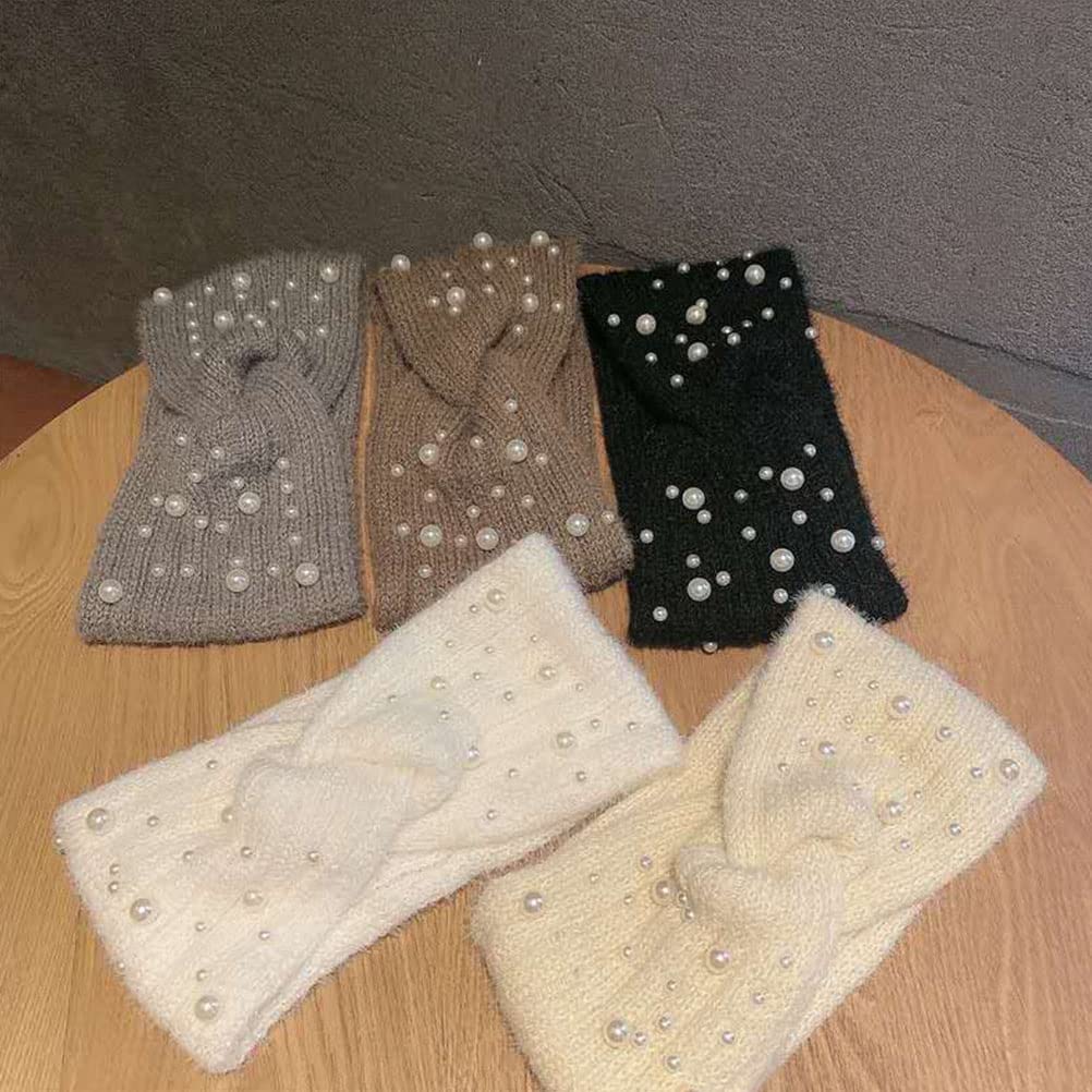 LUOZZY Winter Headbands For Women Pearl Headbands Ear Warmer Headband For Girl's Knit Soft Elastic Headband (White) - Image 9