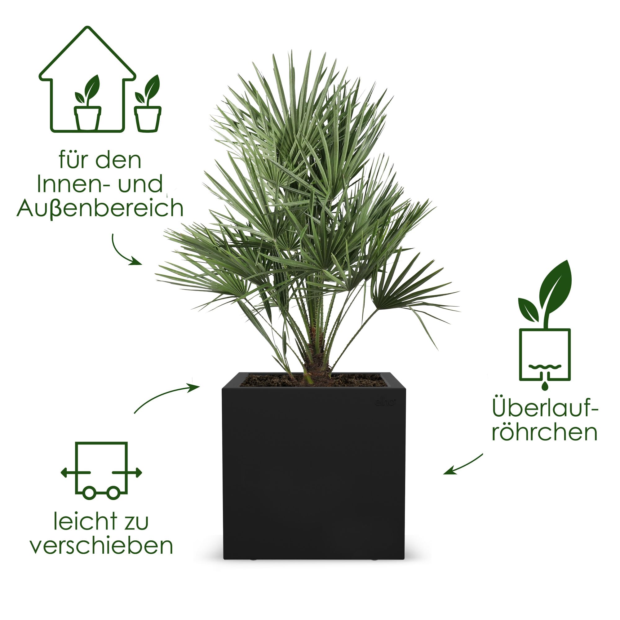 elho Vivo Next Quadrat 40cm - Living Schwarz | L 39 x B 39 x H 37.9 cm | für den Innen- und Außenbereich | 100% recyceltes Plastik