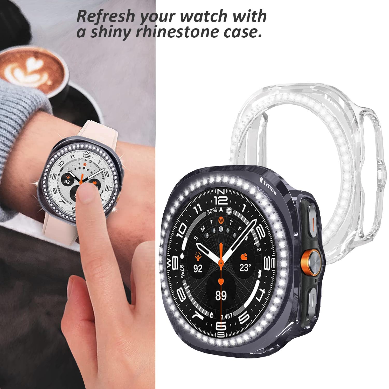 DEALELE [2-PACK] Cases Compatible with Samsung Galaxy Watch Ultra 47mm (2025/2024), Bling Rhinestone Diamond PC Protective Case Replacement Watch Cover for Women Men, 47mm, Gun grey + Transparent — view 4