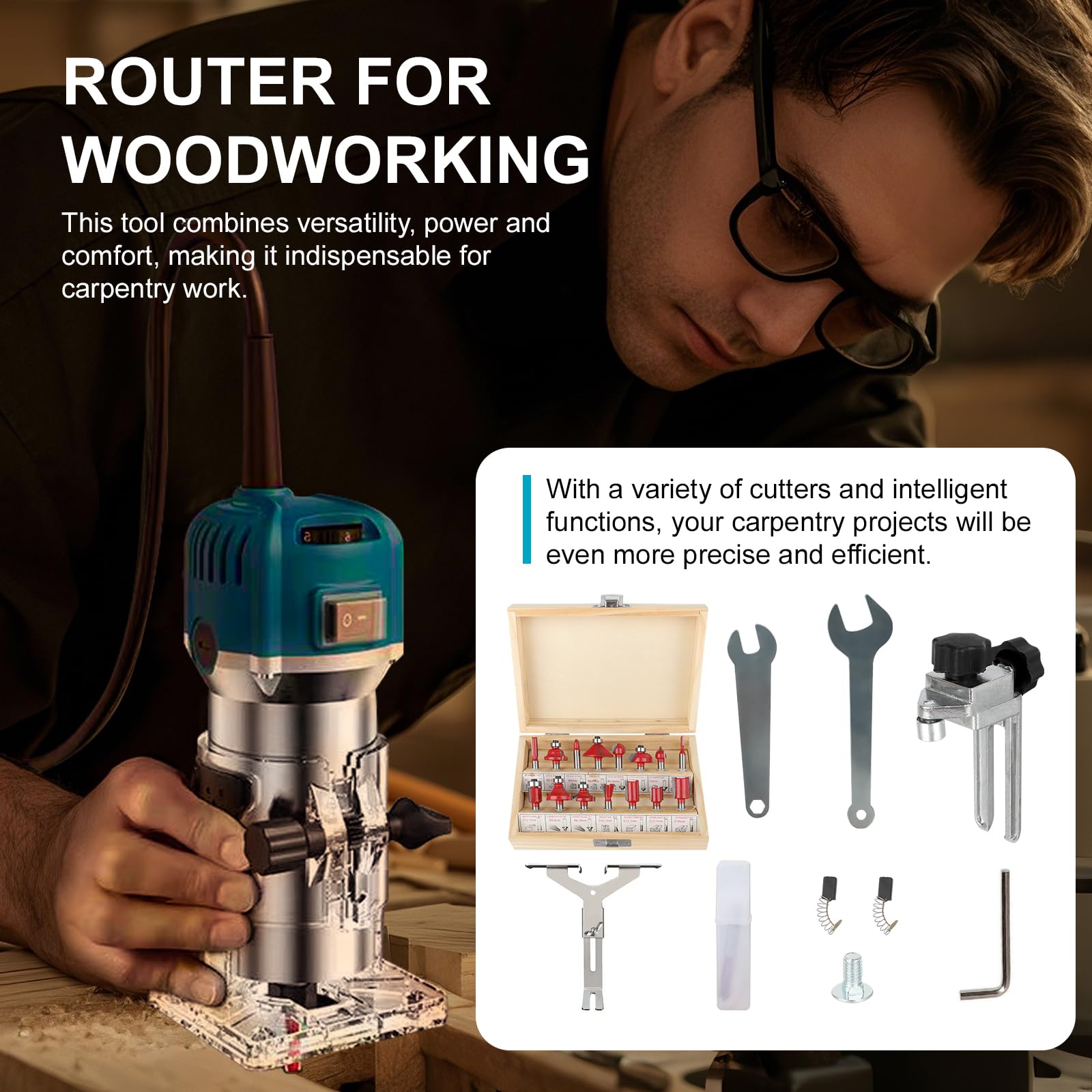 Holzfräse Oberfräse Electric - Fräsmaschine Hand Holz mit Koffer - 12 Set Zubehör 800 W 330000 R/min 6,35 mm - Wood Router Kantenfräse Handpalmenfräser für die Holzbearbeitung