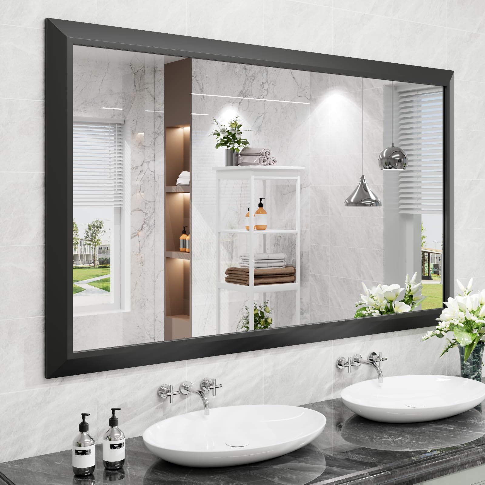 Amorho Black Bathroom Mirror 60X36 Inch Thick Metal Framed Wall Mirrors for Over 2 Sinks Bedroom Living Room