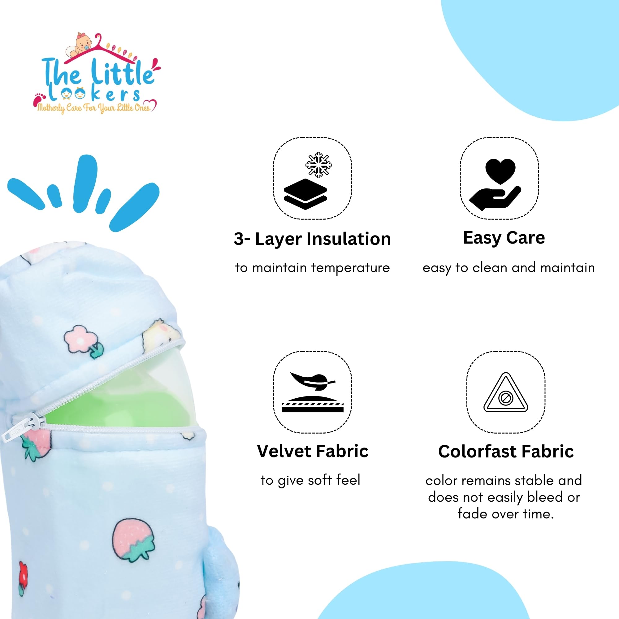 THE LITTLE LOOKERS Soft Plush Stretchable Baby Feeding Bottle Cover with Easy to Hold Strap (Zip Closure 330ml/11oz, Pink & Blue) - Image 6 thumbnail