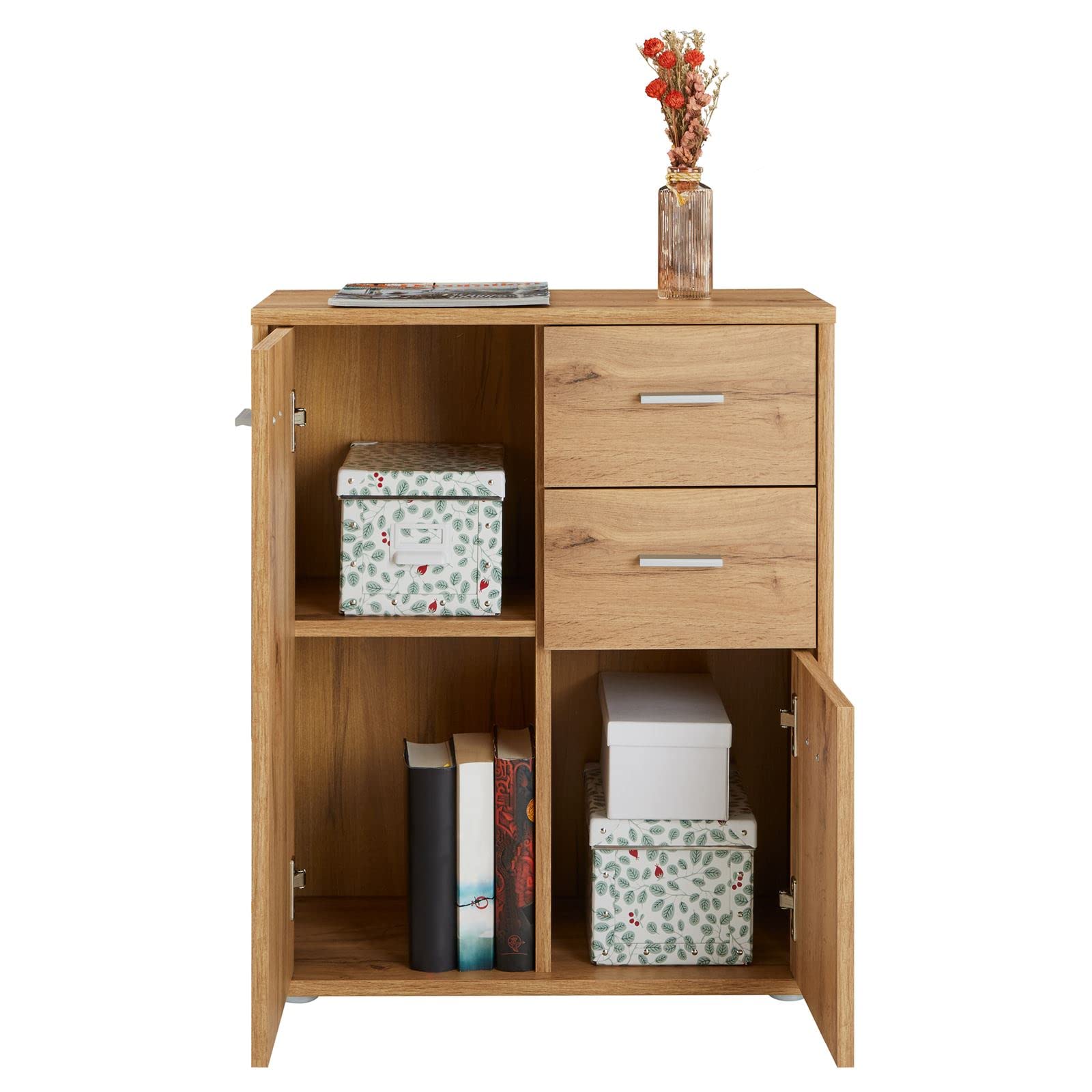CARO-Möbel Kommode Locarno mit 2 Türen und Schubladen, modernes Highboard Bürokommode in Wotan Eiche