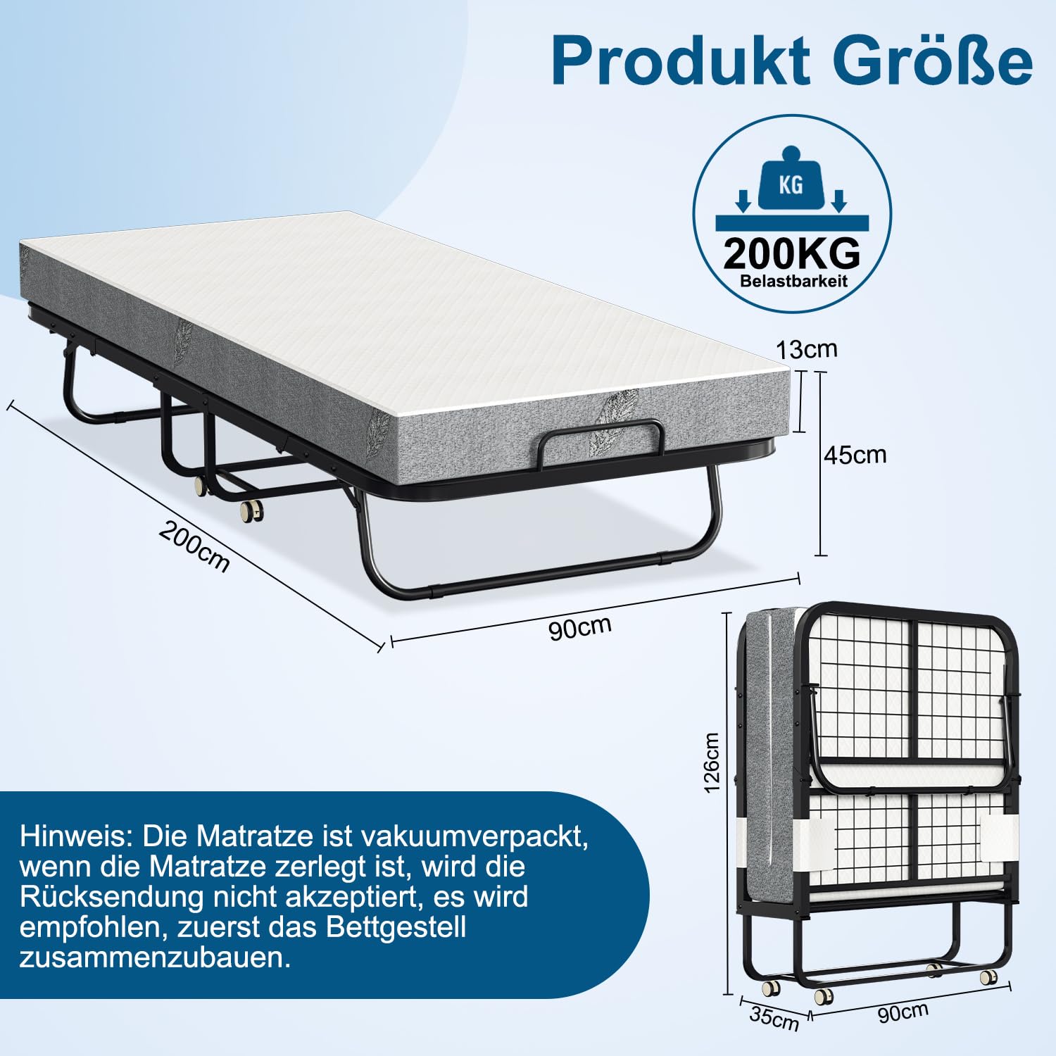 Klappbett 90x200cm, Klappbares Gästebett inkl. 13cm Schaumstoffmatratze und Schutzhülle, ohne Aufbau, Stabiler Metallklapprahmen, mit 4 Laufrollen, Belastbarkeit 200 kg