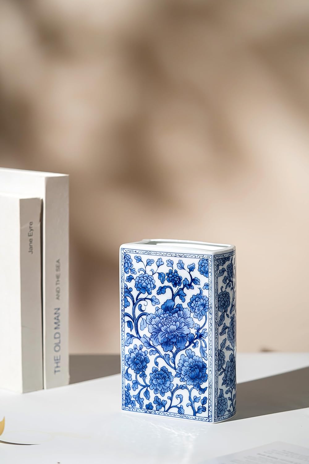 Blue and White Book Vase, Chinoiserie Ginger Jar Flower Vase for Home Decor Tabletop, Blue and White Porcelain Décor,8" H