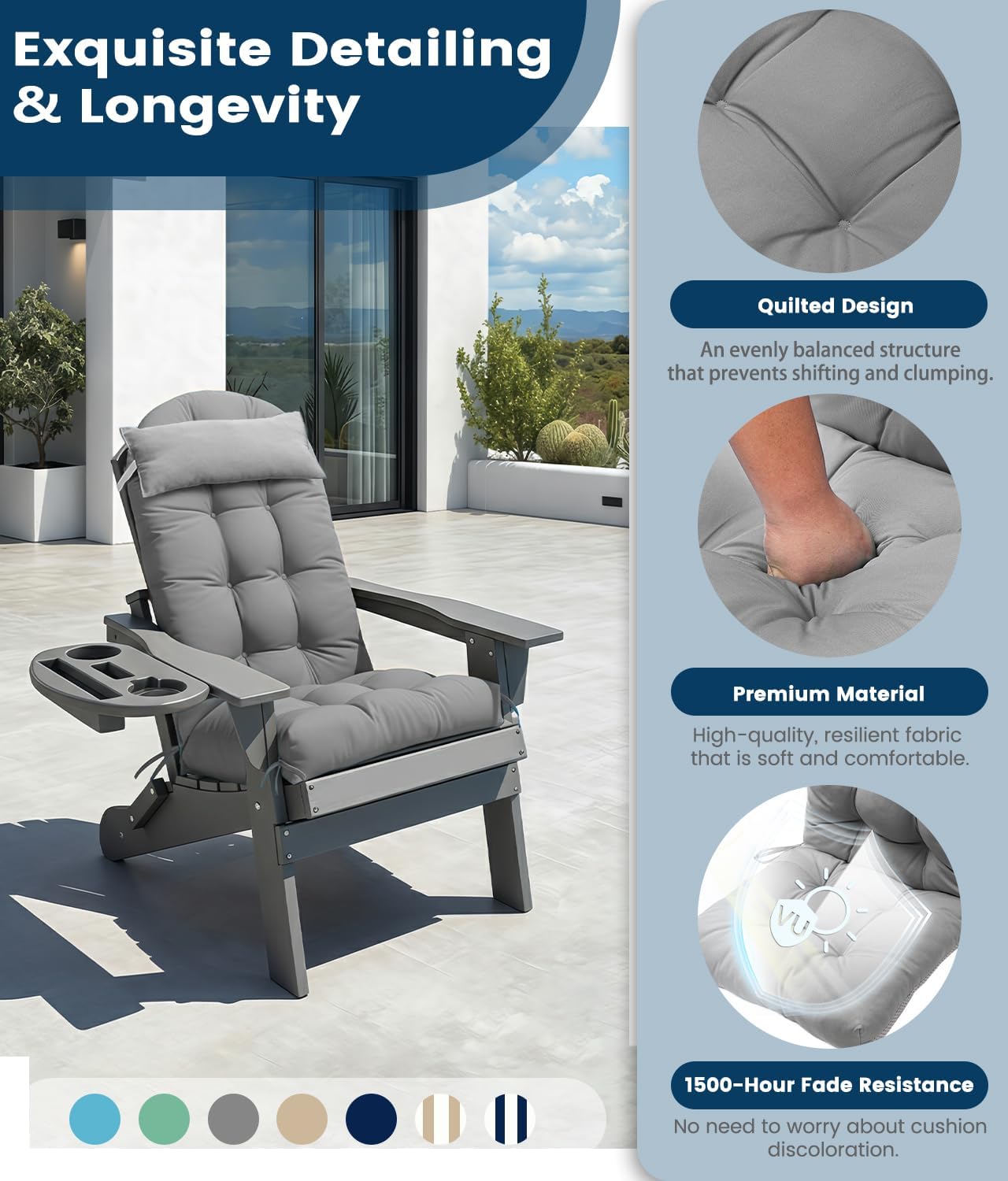 FOOWIN Adirondack Chair Cushion Set of 4, Thickened Rocking Chair Cushion,48.5×20.8×5.19 Inches,High Back Patio Cushions with Ties, Waterproof & UV-Protected, for Indoor and Outdoor,Grey