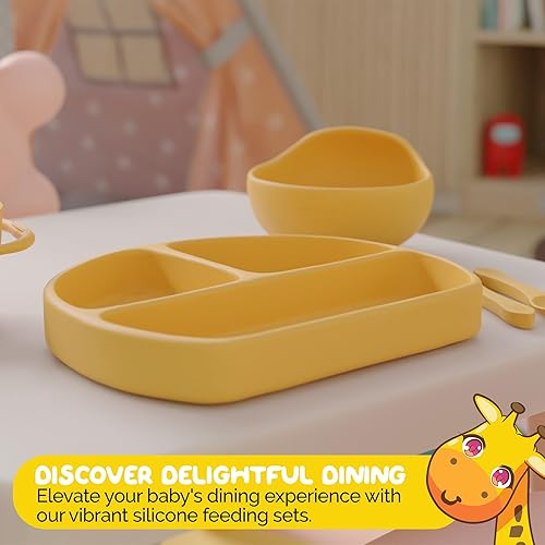 Miniatura 5 de Juego de alimentación de silicona en color amarillo, incluye todos los juegos de vajilla para bebés, silicona de grado alimenticio (juego de 6