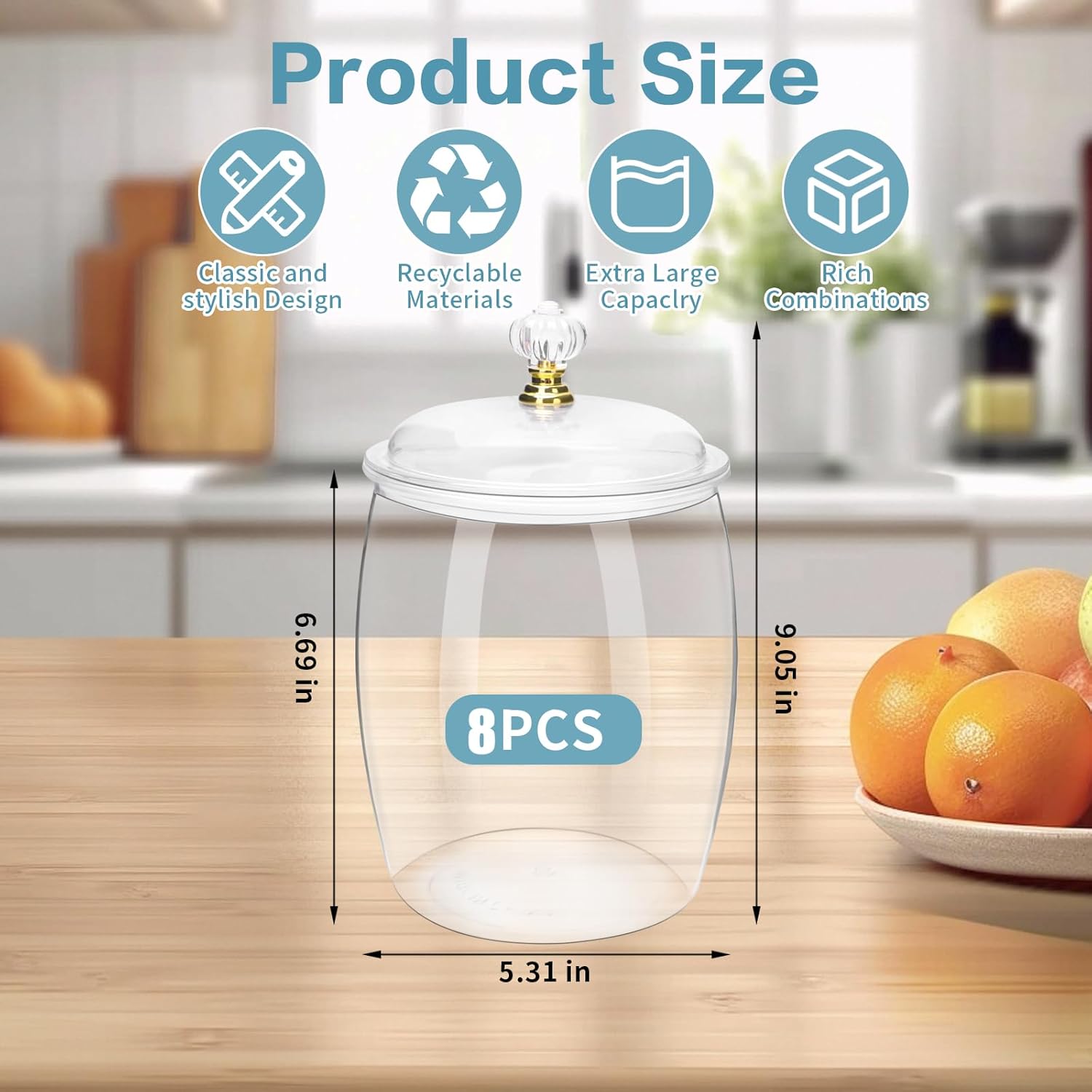 8 Pack 64 Oz Plastic Candy Jar with Lids, Airtight Clear Cookie Storage Containers, Leakproof Apothecary Style Kitchen Organization for Home, Wedding, Pantry & Bathroom Decor