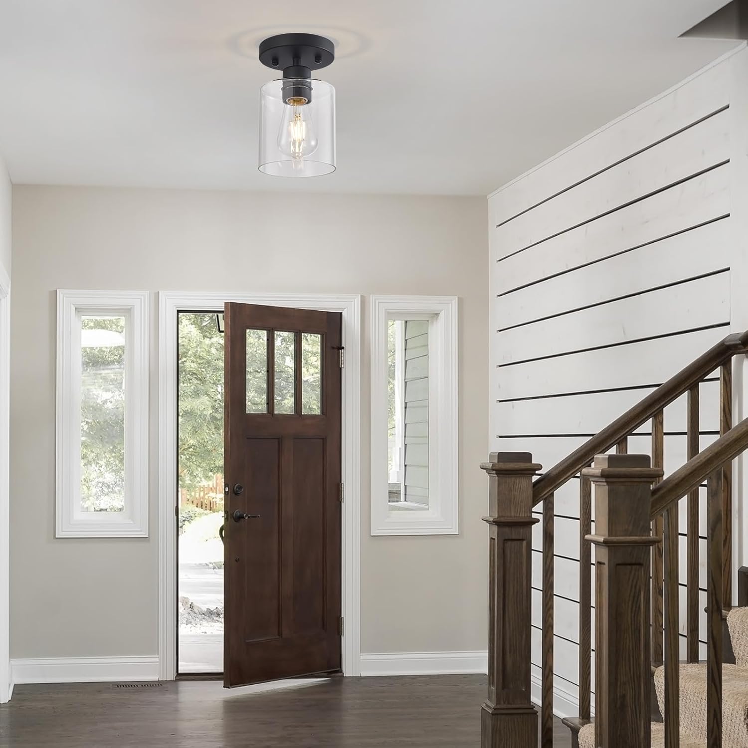 Black Semi Flush Mount Ceiling Light, 1-Light Ceiling Light Fixtures, Farmhouse Light Fixtures Ceiling Mount, Ceiling Lights with Glass Shade for Kitchen Hallway Foyer Entryway Bedroom(1 Pack)