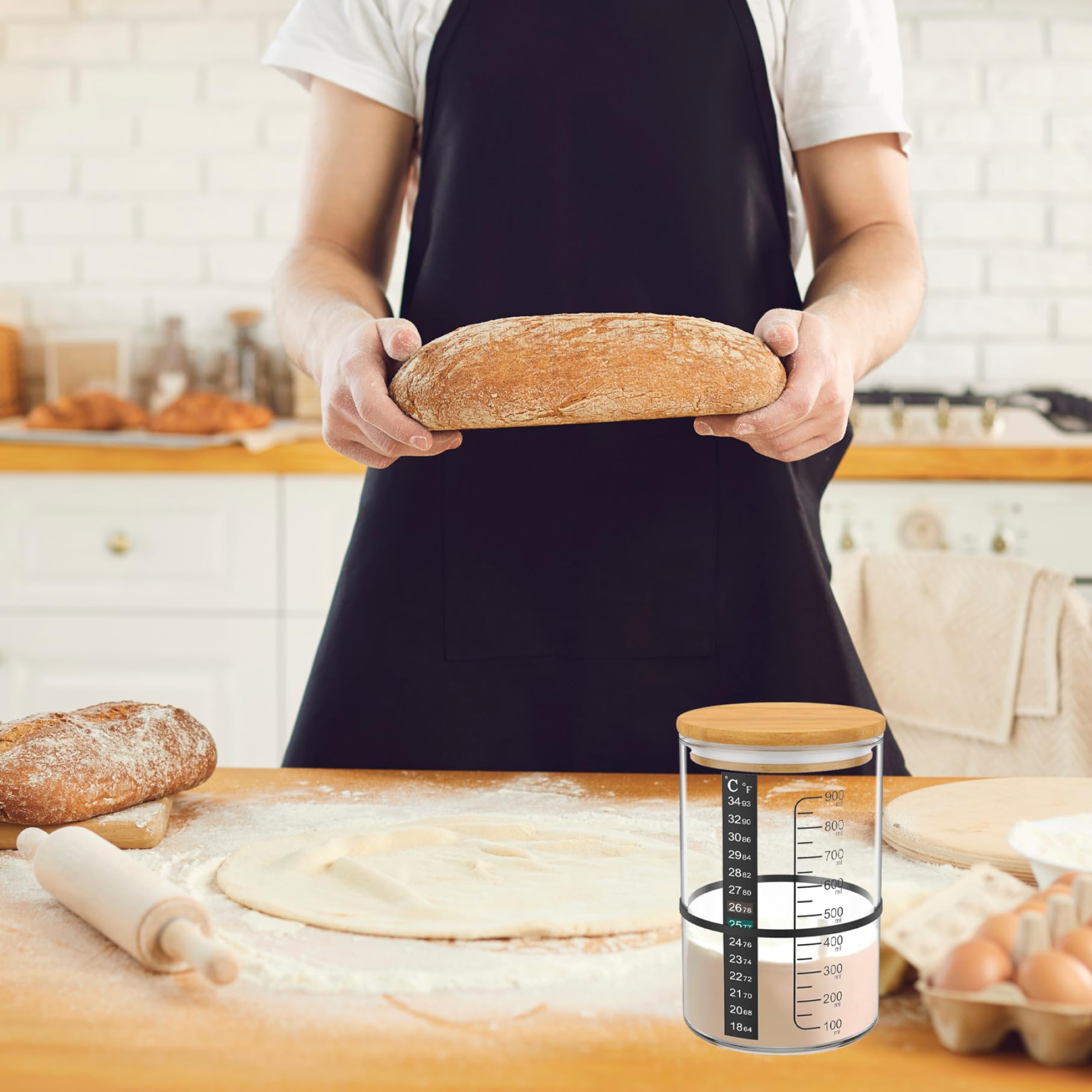 Kit iniziale per lievito naturale, barattolo iniziale per lievito naturale in vetro da 900 ml, contenitore a bocca larga, barattolo in vetro riutilizzabile con coperchio, termometro, raschietto
