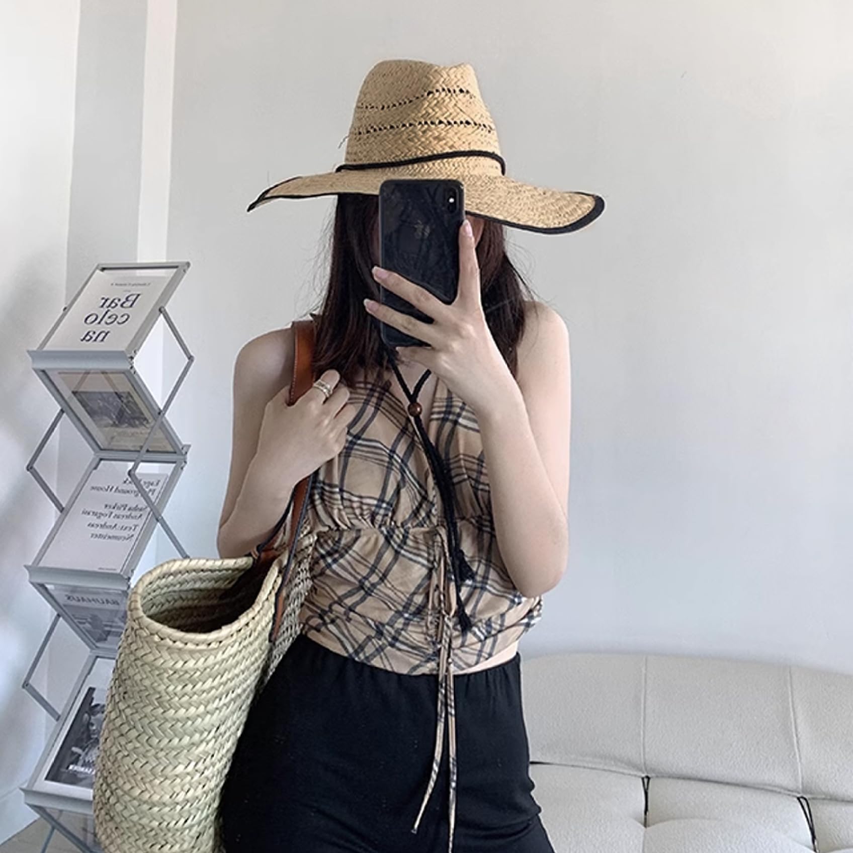Sombrero de Paja, protección Solar Gombado de Paja de ala Ancha, Sombrero de Sol de Paja Tejida Transpirable con Correa Ajustable, Elegantes Sombreros de Paja para Hombres Mujeres