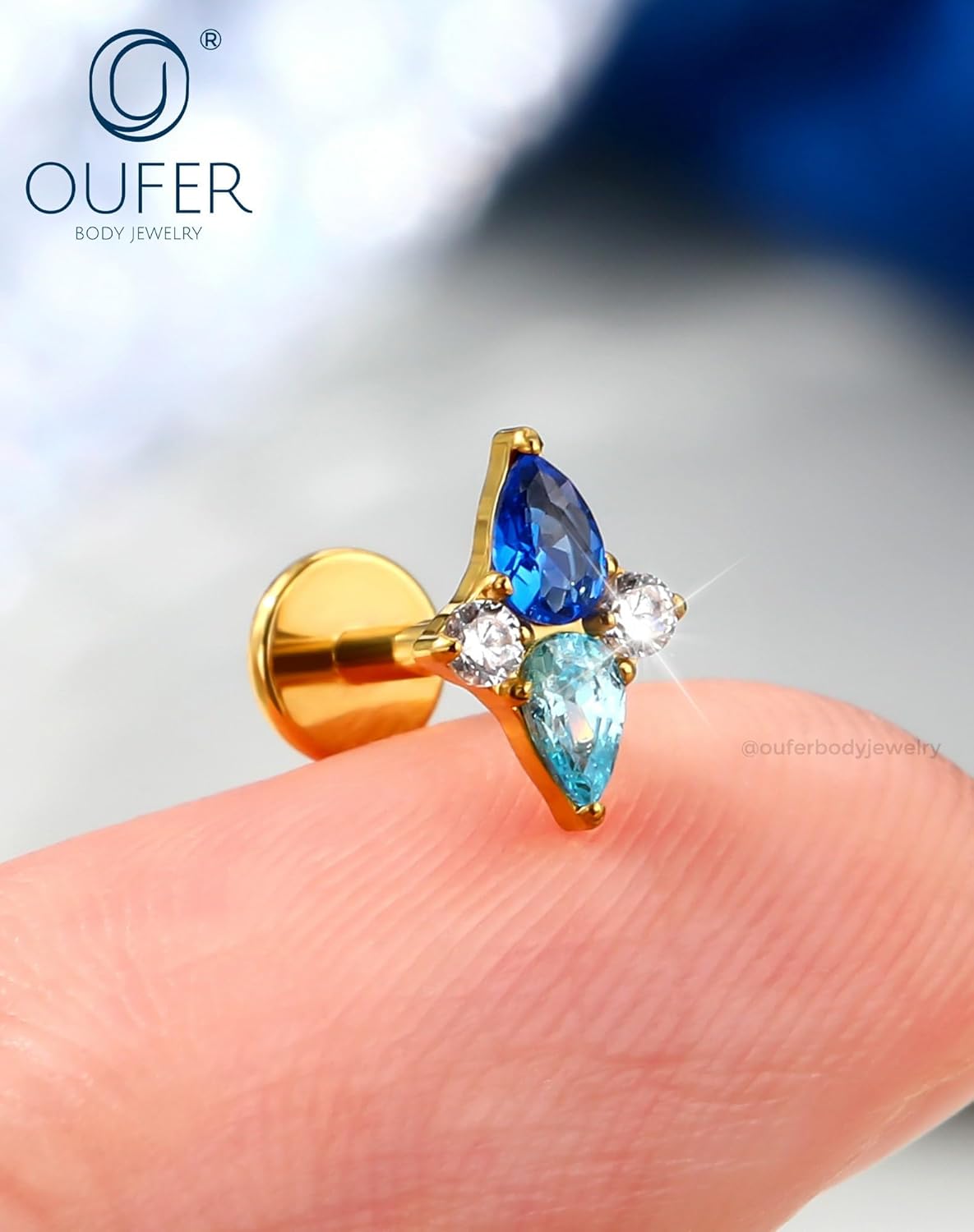 OUFER Helix Piercing Jewelry 18G Blue gradient CZ Flat Back Threadless Labret Lip Piercing, G23 Solid Titanium Forward Helix Earrings, Push Pin Cartilage Tragus Earrings For Women Men - Image 4