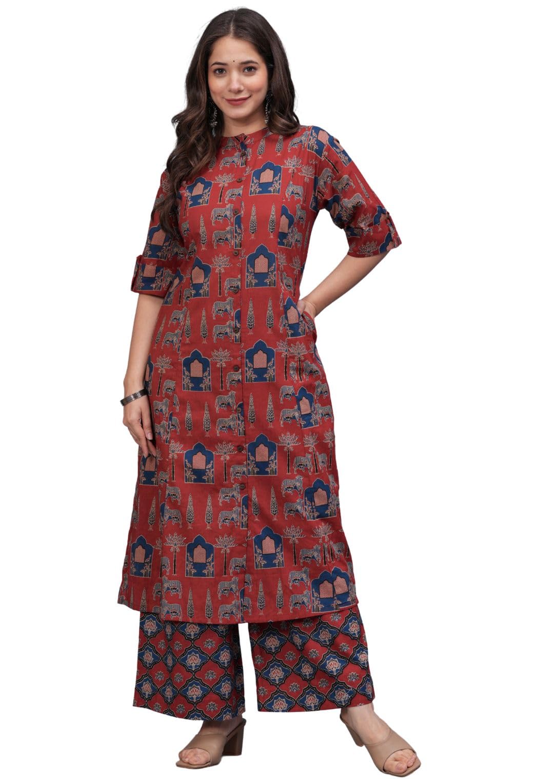 Rytras Women's Pure Cotton Printed A-Line Kurta Set With Palazzo Pants - Ethnic Wear, Maroon(Ryt595,Xxl)