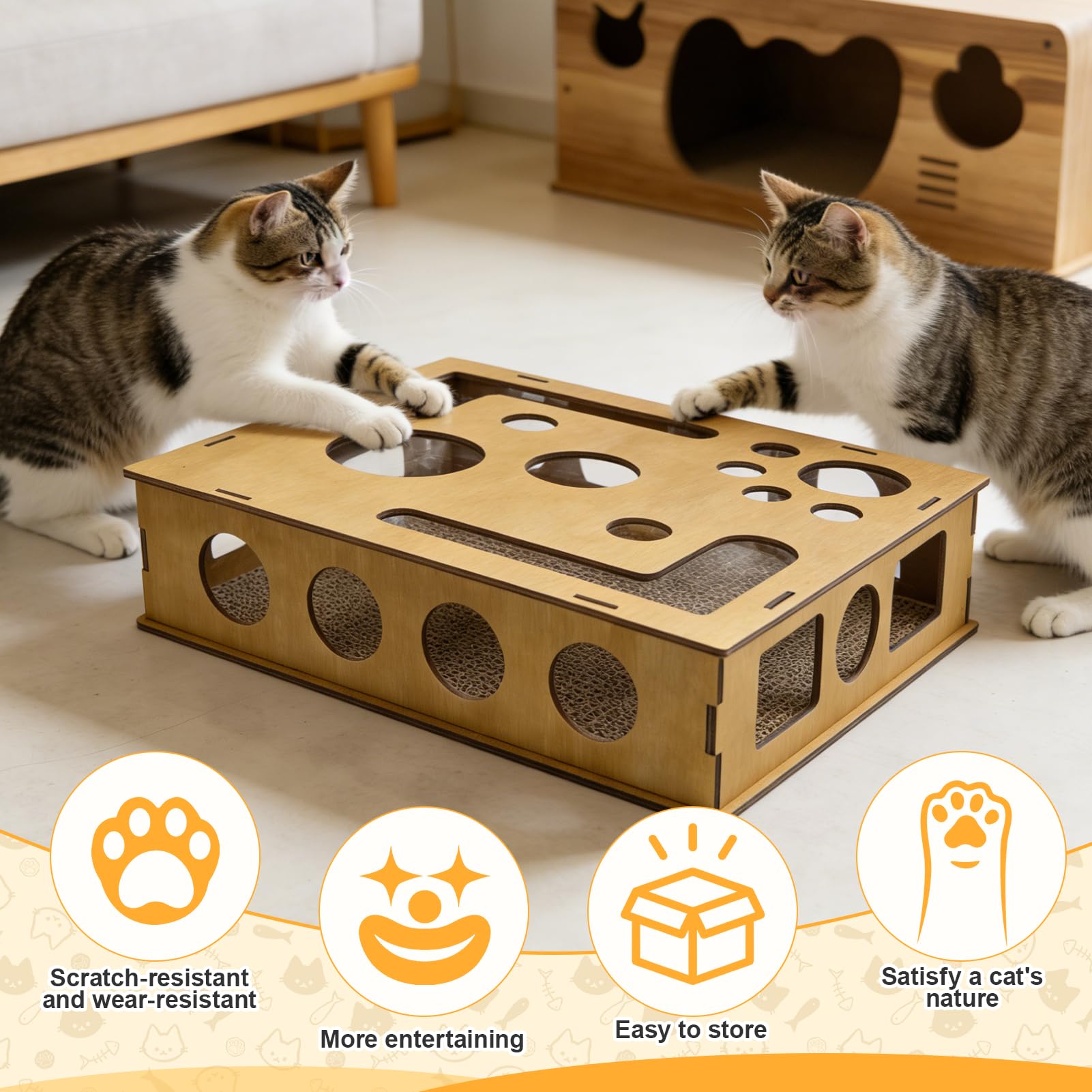 Scatola per attività per gatti con lima per artigli, scatola per giocattoli in legno con puzzle tiragraffi, scatola per arricchimento con puzzle per gattini
