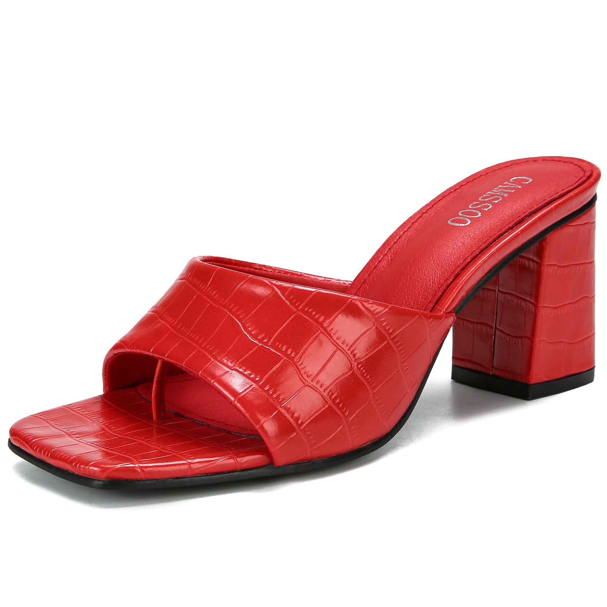 CAMSSOO Women's Square Open Toe Heeled Mules Flip Flops Chunky Heels Slip On Sandals Block High Heel Fashion Wedding Dress Shoes