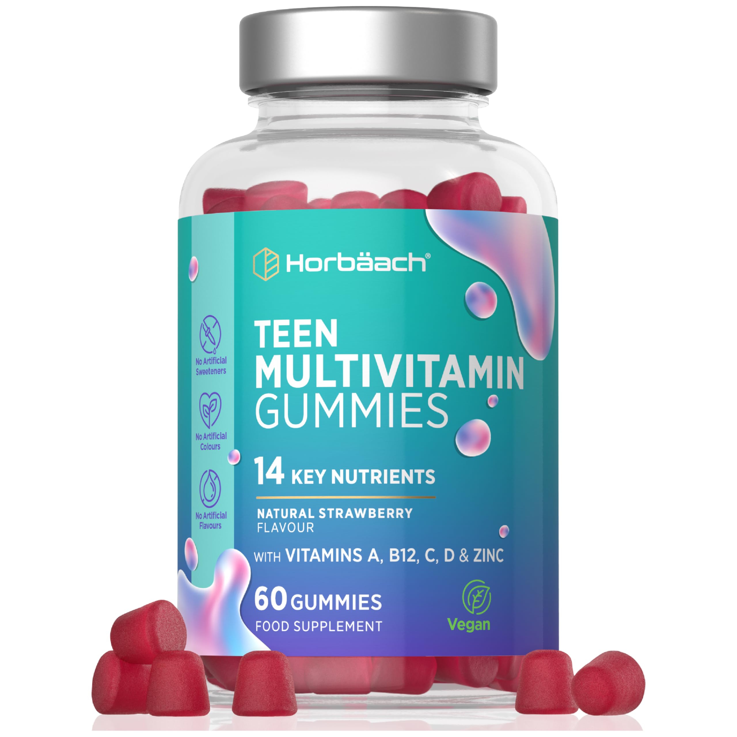 HorbäachMultivitamins for Teens | 60 Vegan Gummies | 14 Essential Nutrients | with Vitamin A, B12, C, D & Zinc | Natural Strawberry Flavour | by