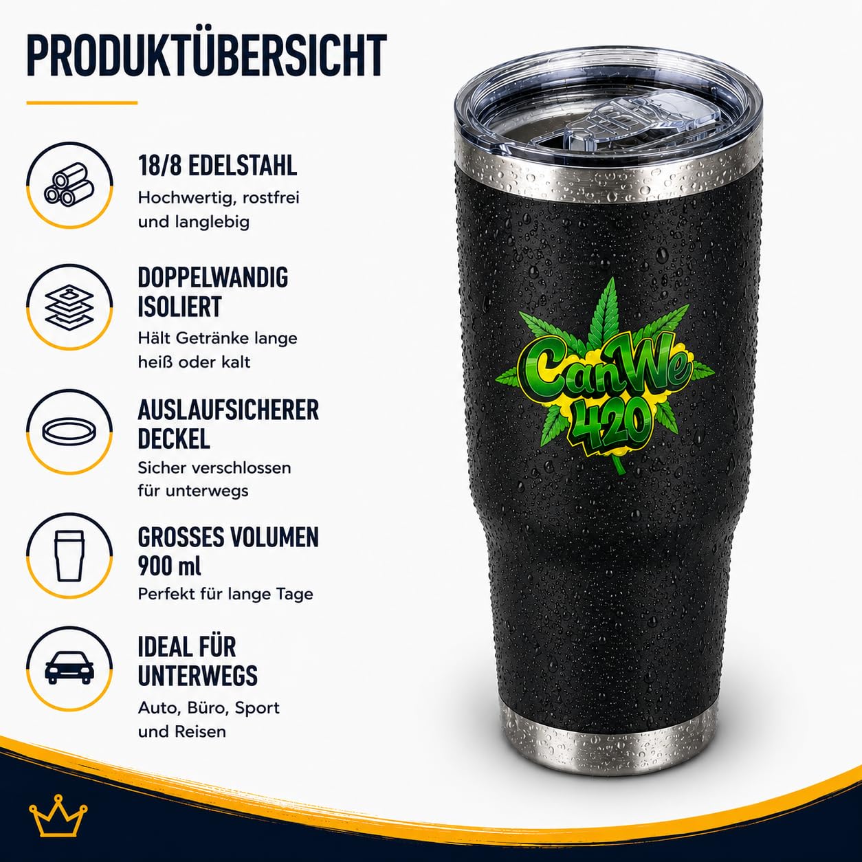 Thermo-Trinkbecher 900 ml [Doppelwandiger Edelstahl – 8 Std. heiß/12 Std. kalt] – auslaufsicherer Schiebedeckel – Becher für Auto & unterwegs – Farbe: Schwarz/Weiß/Olivgrün (Schwarz)