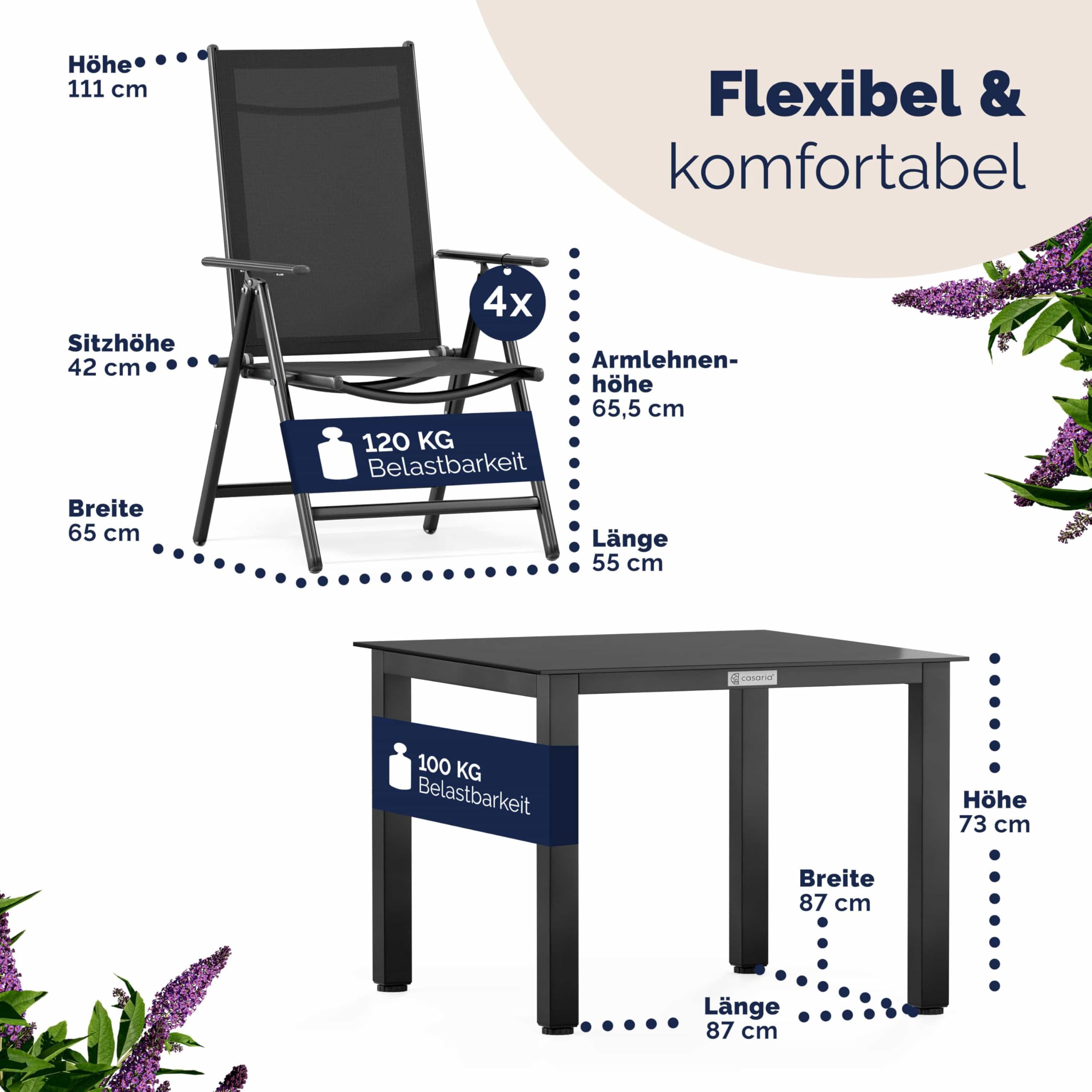 Casaria® Gartenmöbel Set 4 Stühle mit Tisch 90x90cm Aluminium Sicherheitsglas Wetterfest Klappbar Modern Terrasse Balkon Möbel Sitzgruppe Garnitur Bern