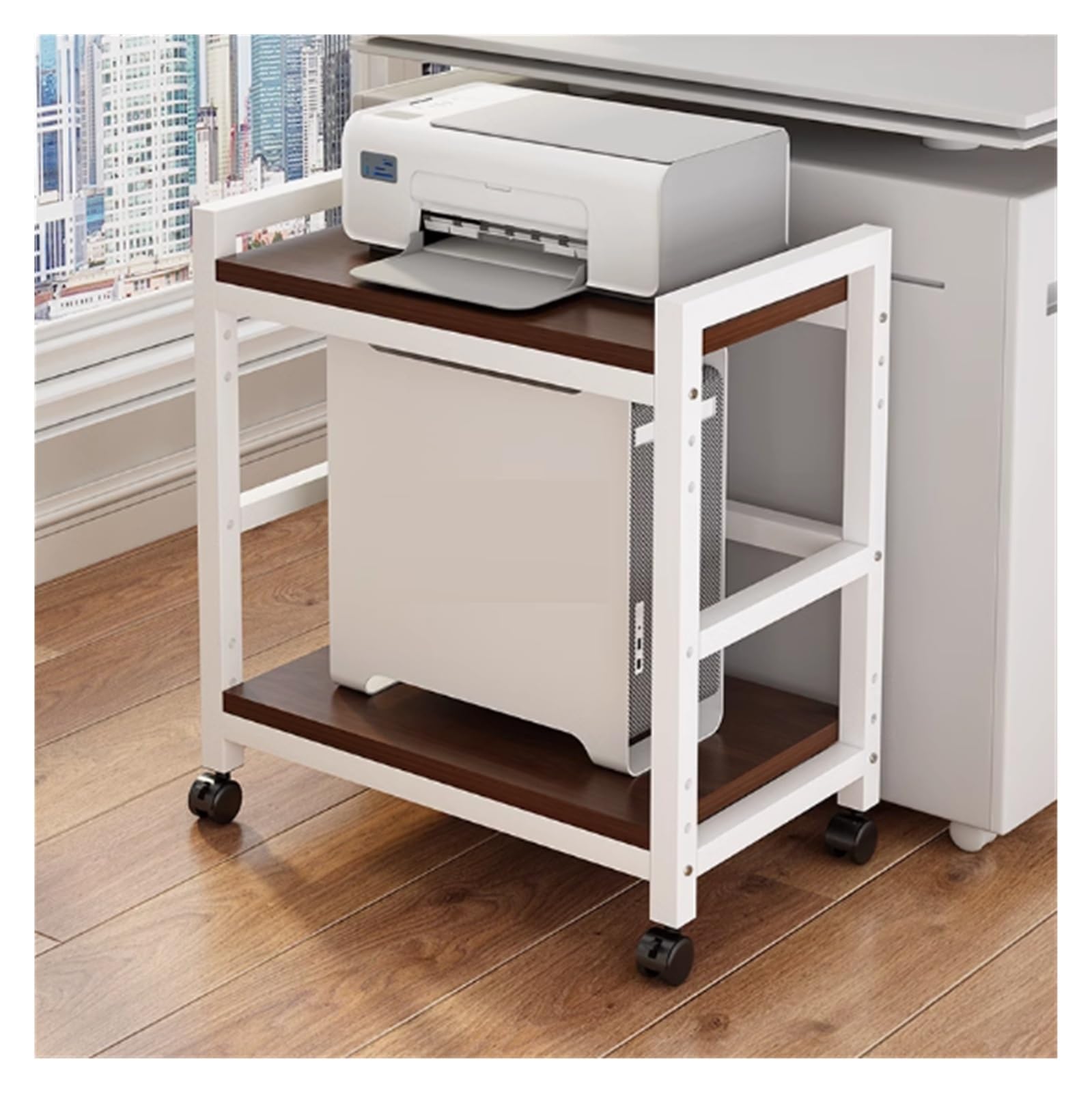 Soporte para CPU con ruedas, soporte de torre de computadora de 2 niveles debajo del escritorio, estantes de madera con marco de metal, carrito de torre de PC rodante para juegos de oficina en casa
