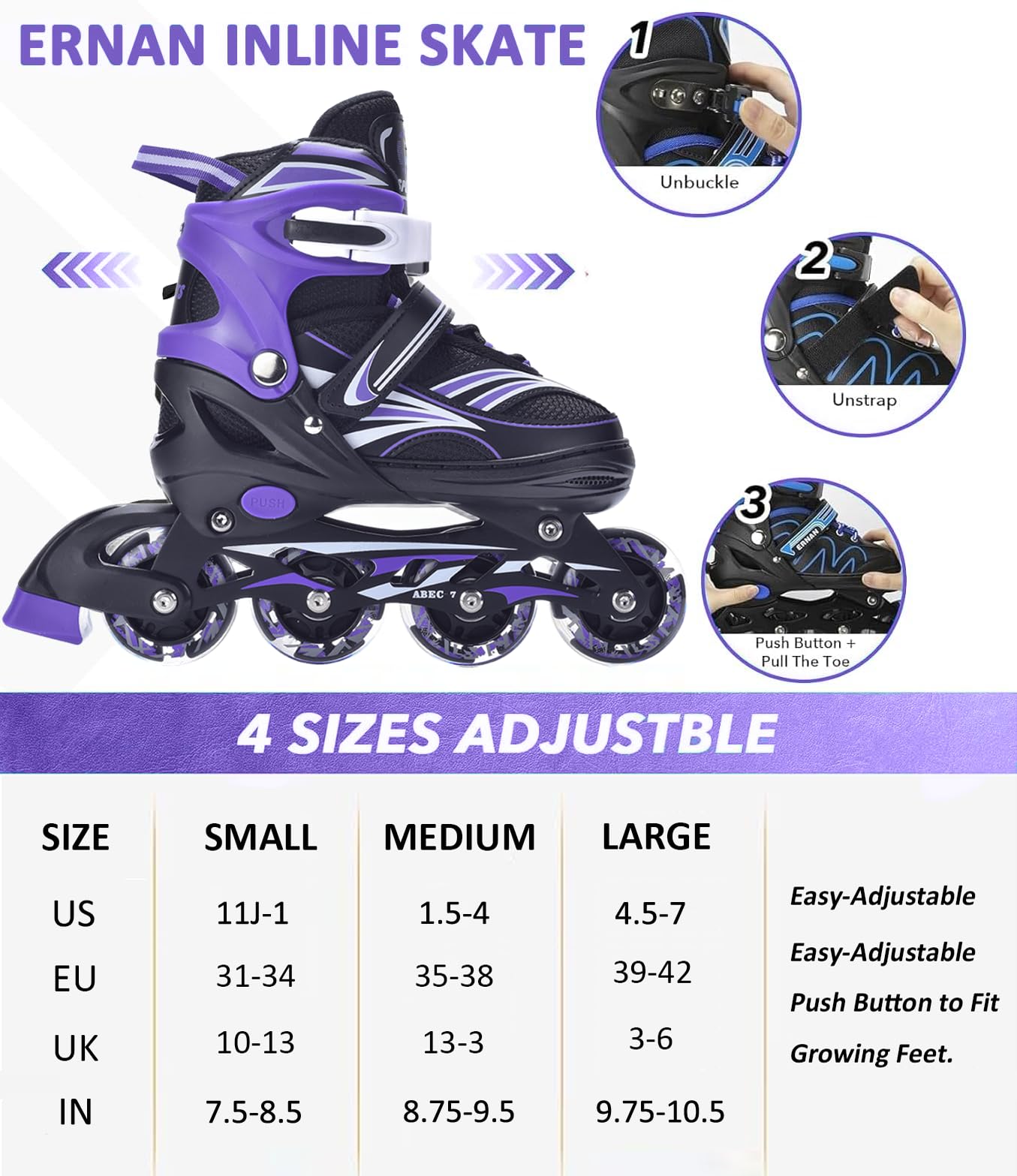 ERNAN Rollers en Ligne,Patins à roulettes en Ligne Réglables pour Enfants Filles Garçons Débutants,Patins à roulettes en Ligne avec Roues LED Idéales pour Les Garçons Filles Homme Femme - 3
