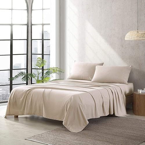 Juego de sábanas bajeras de 4 piezas de mezcla de algodón natural de estilo moderno, color liso jaspeado percal con bolsillo profundo, fresco,