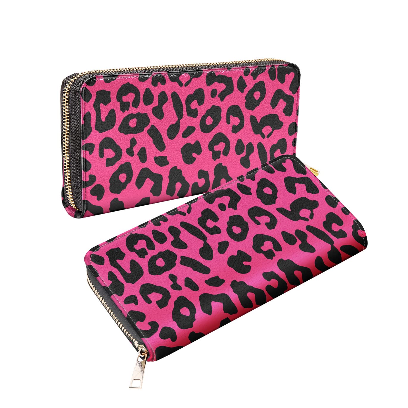 WIRESTER PU Leather Clutch Purse Card Holder Wallet, Zip Around Long Wallet for Women - Black Hot Pink Leopard
