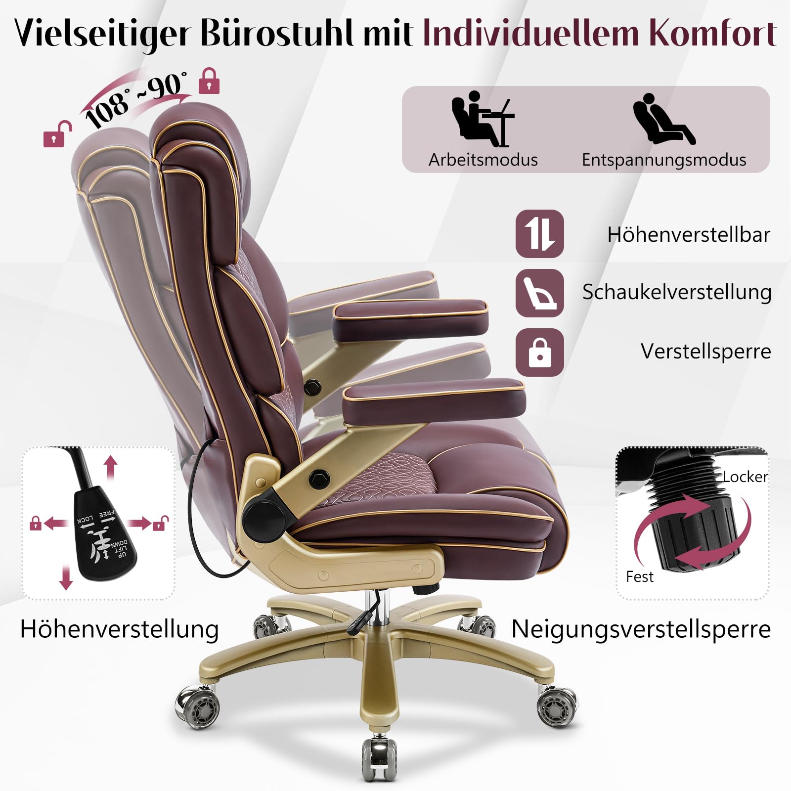 Bürostuhl, Chefsessel Ergonomisch bis 230kg, Big and Tall Schreibtischstuhl mit 5D-Armlehnen, Schwerlast Hoher Rücken mit Verstellbare Lendenstütze für Büro & Home Office, Leder Braun