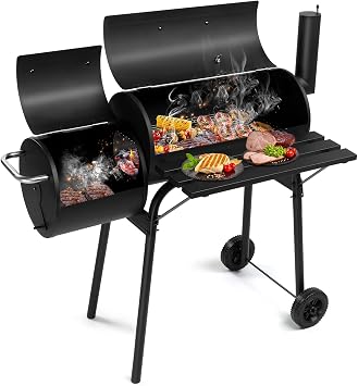 43.7" Barrel Charcoal Grill with Offset Smoker,Metal Outdoor Barbecue Smoker,Portable Vertical Charcoal Smoker Grill,Heavy Duty Outdoor BBQ Grill,with Wheels,for Garden Patio Beach Backyard Black