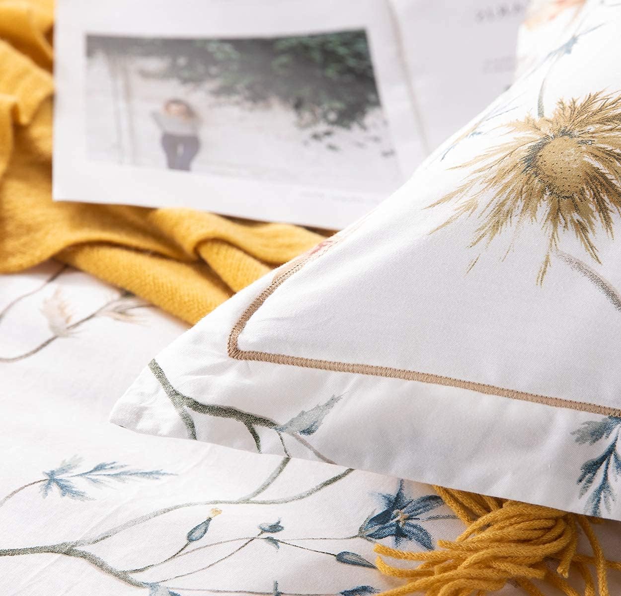 SLEEPBELLA Comforter King Size, 600 Thread Count Cotton White Printed with Blue & Blush Flowers Cotton Comforter Set,Down Alternative Bedding Set 3Pcs(King, White Floral)