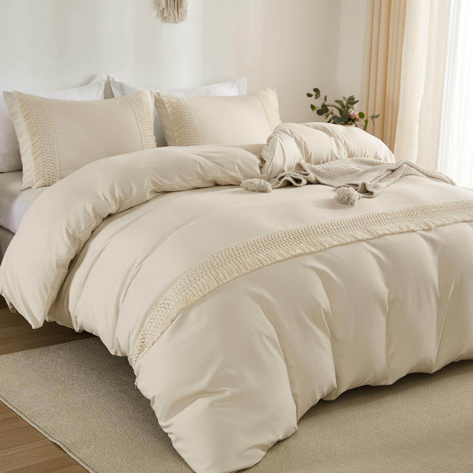 WONGS BEDDING King Size Duvet Cover Sets Tassels Bohemian Beige Bedding Set 3PCS with 2 Pillowcases Cozy Soft Microfiber Zipper Closure Boho King Size Bedding Sets for All Season (220x230cm)