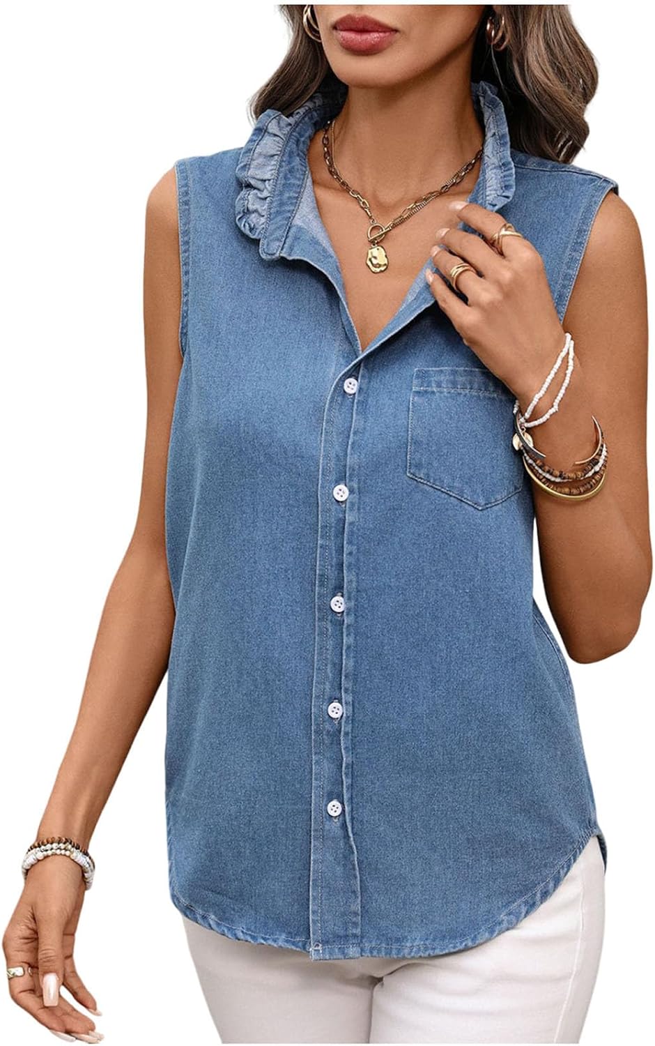 Women's Denim Tank Top V Neck Button Down Ruffled Collar Sleeveless Denim Shirts Dressy Casual Blouse Tops